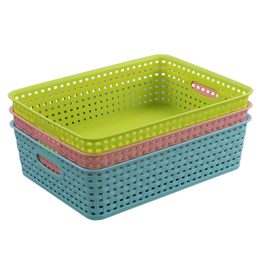 Plastic Shallow Storage Basket Trays 3 Piece Set Office Paper Organizer