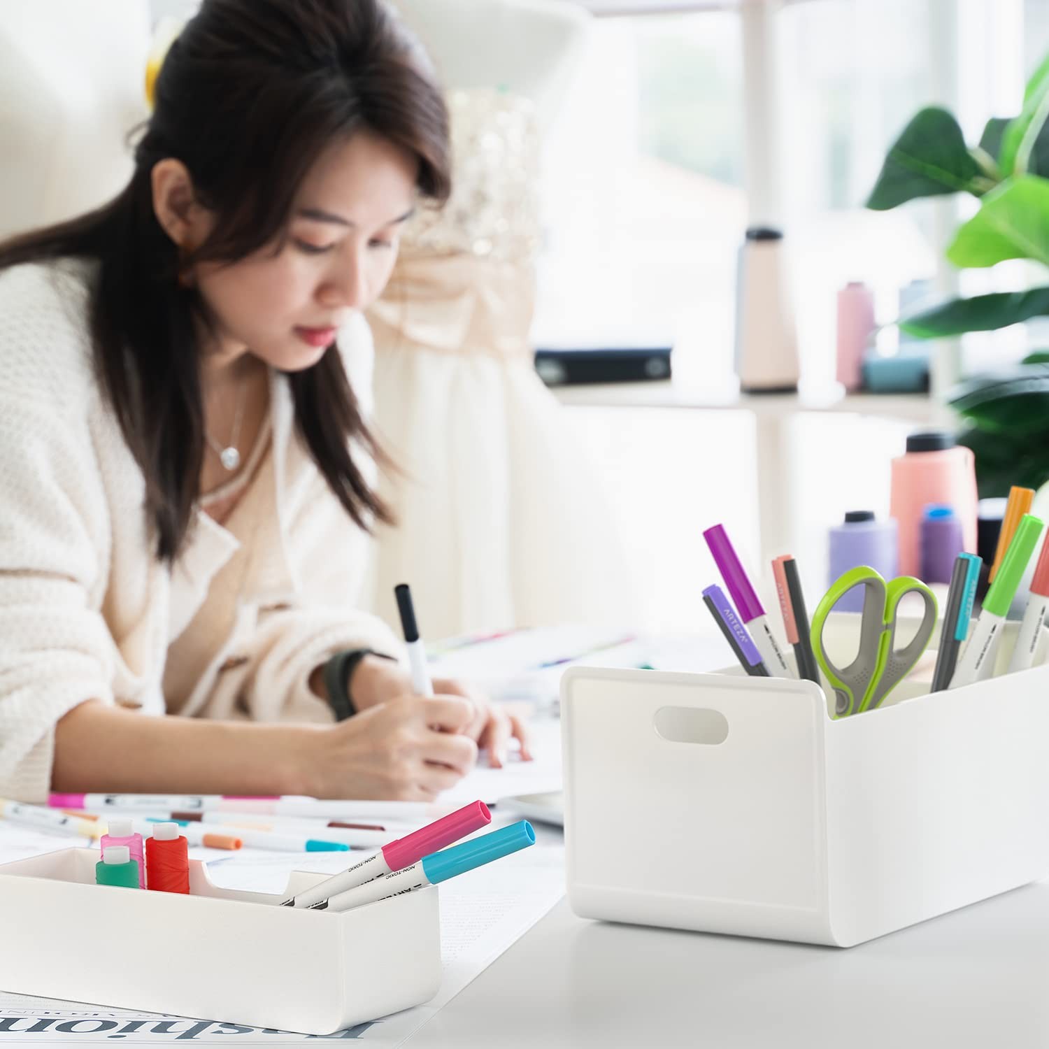 Arteza Small Desk Organizer Drawer Portable White Caddy Pen Holder Lightweight