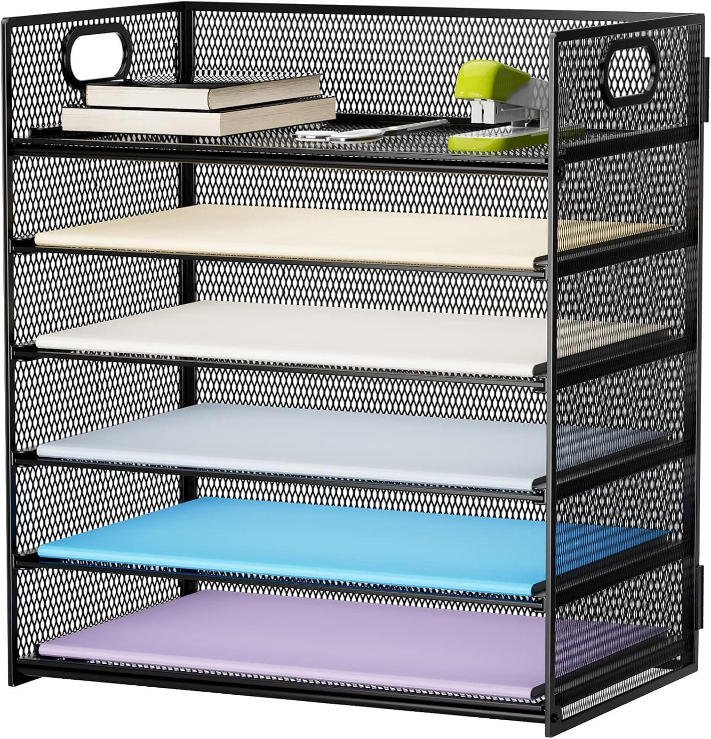 6-Tier Black Mesh Paper Organizer with Handle, A4/Lettter Folder Storage