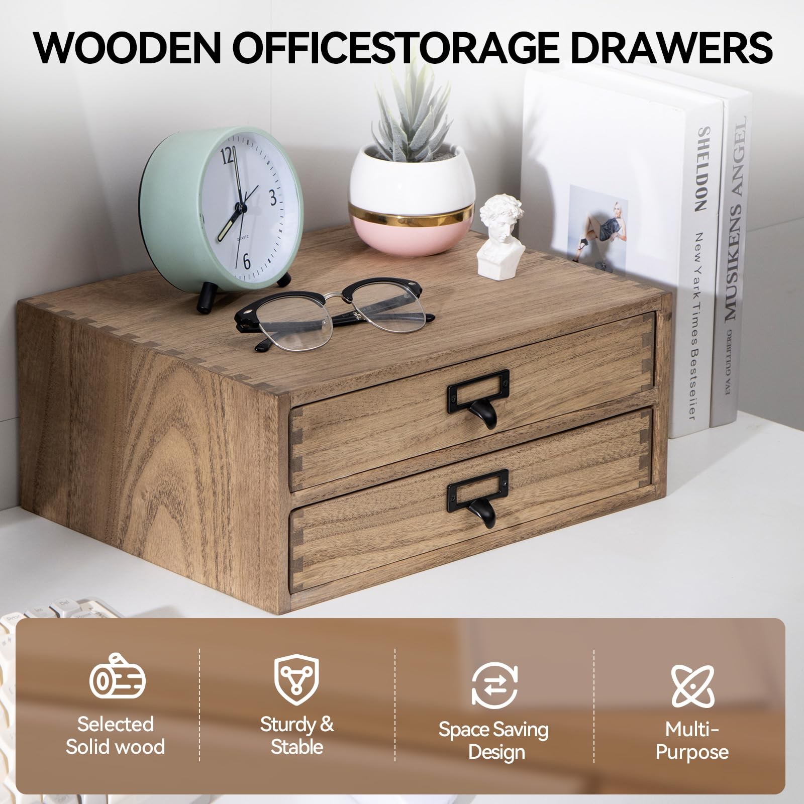 KIRIGEN Wooden Desk Organizer with 2 Drawers, 2-layer&2 drawers, Dark brown