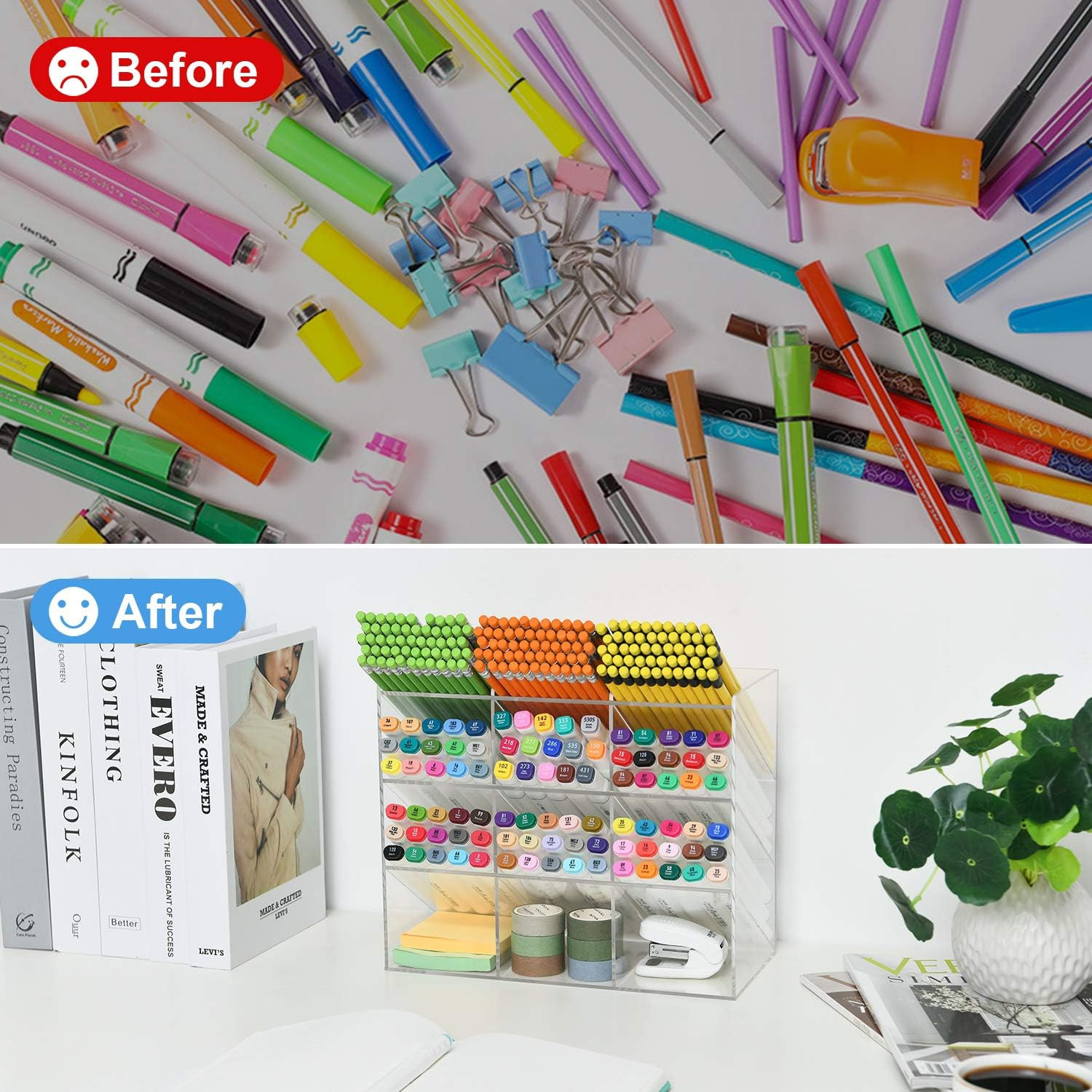 Clear Pen Organizer Storage Acrylic Desk Organizer with 12 Compartments, Pen Org