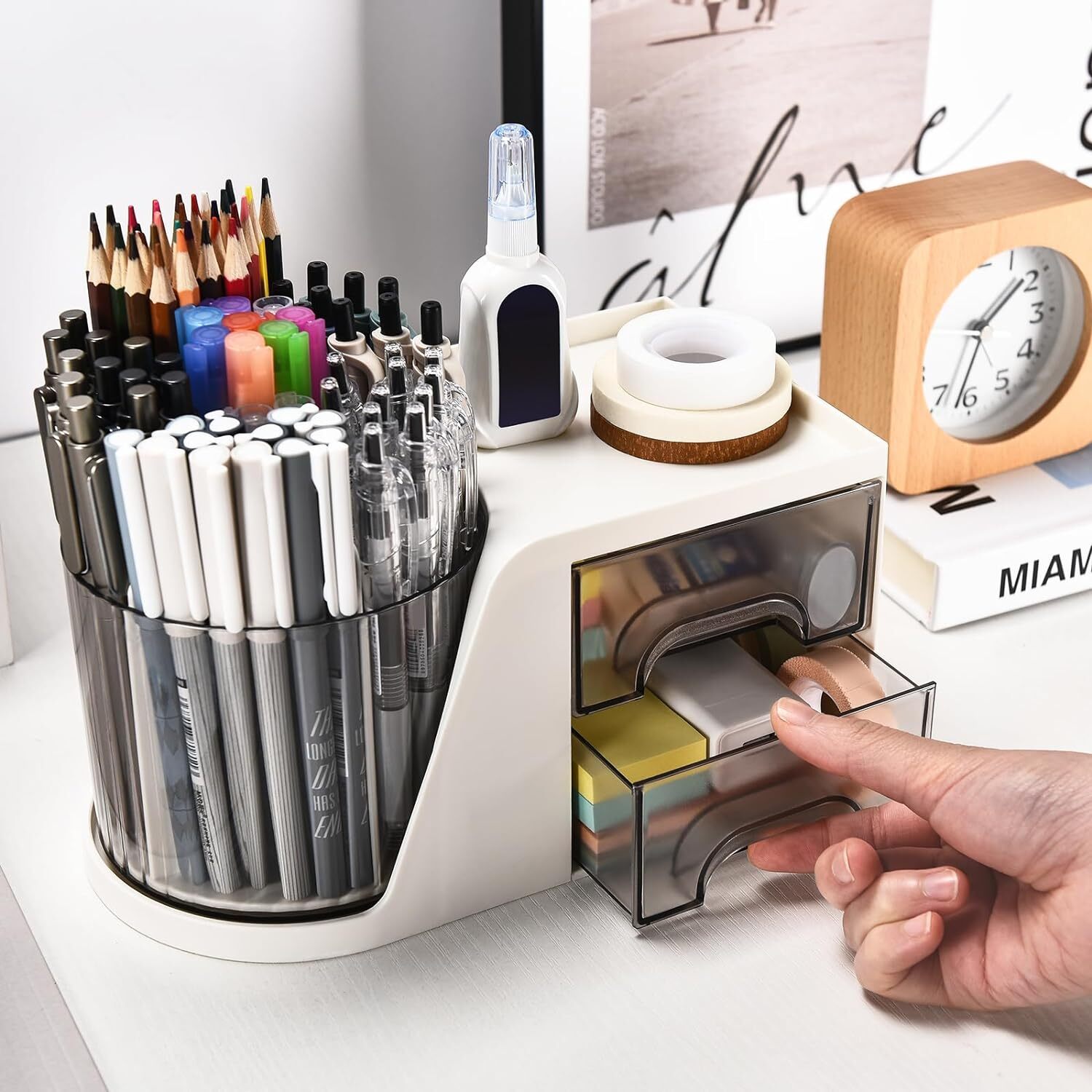 Rotating Desk Organizer with 2 Drawer Pencil Pen Holder for Desk Desk Organizers