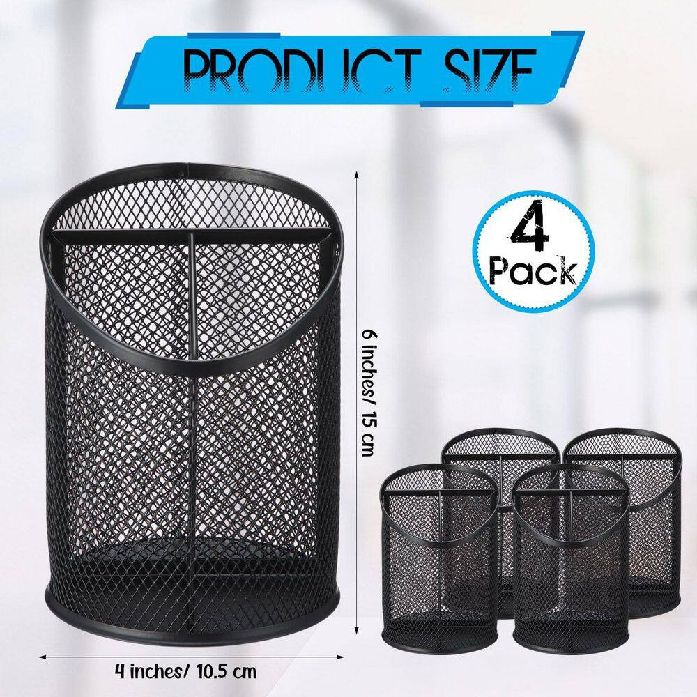 4-Pack Mesh Metal Pen Holder Black 3-Compartment round Organizer Non-Slip Deskto