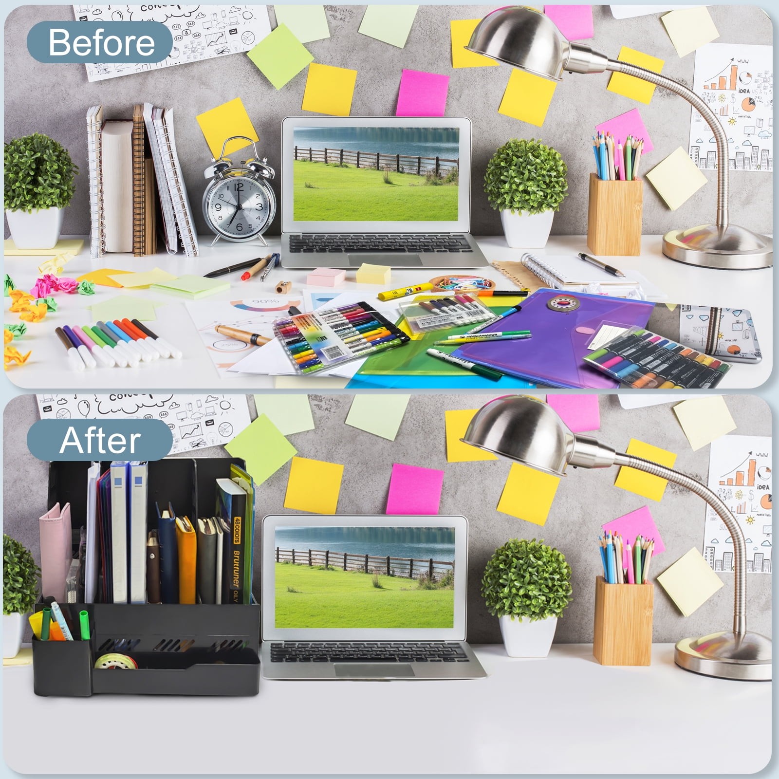 2 Pack Desk Organizers and Accessories with File Holder, 4-Tier Desk Accessories