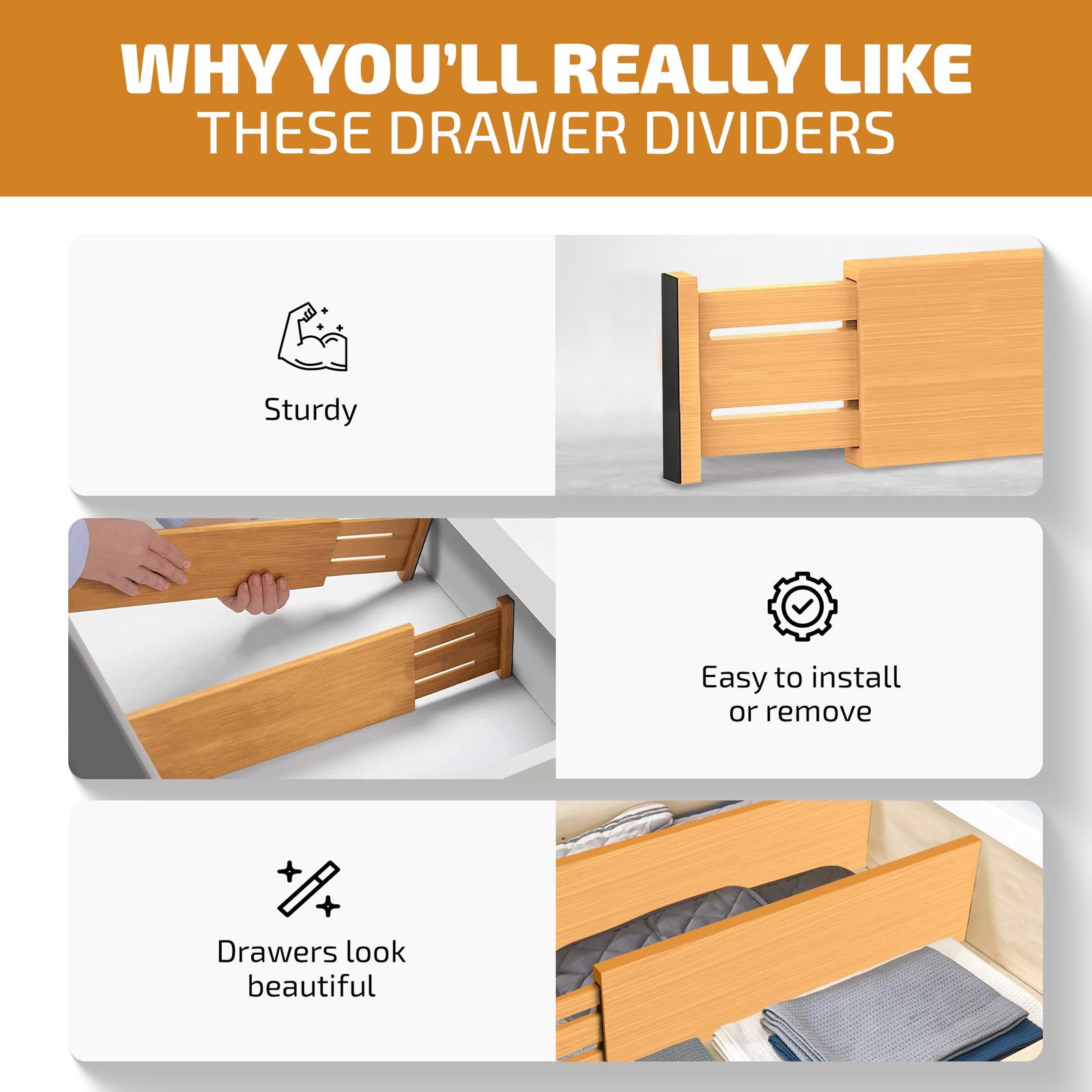 Bambüsi 6-Pack Drawer Dividers – 4 Inches High Adjustable 11 To 17 Inches