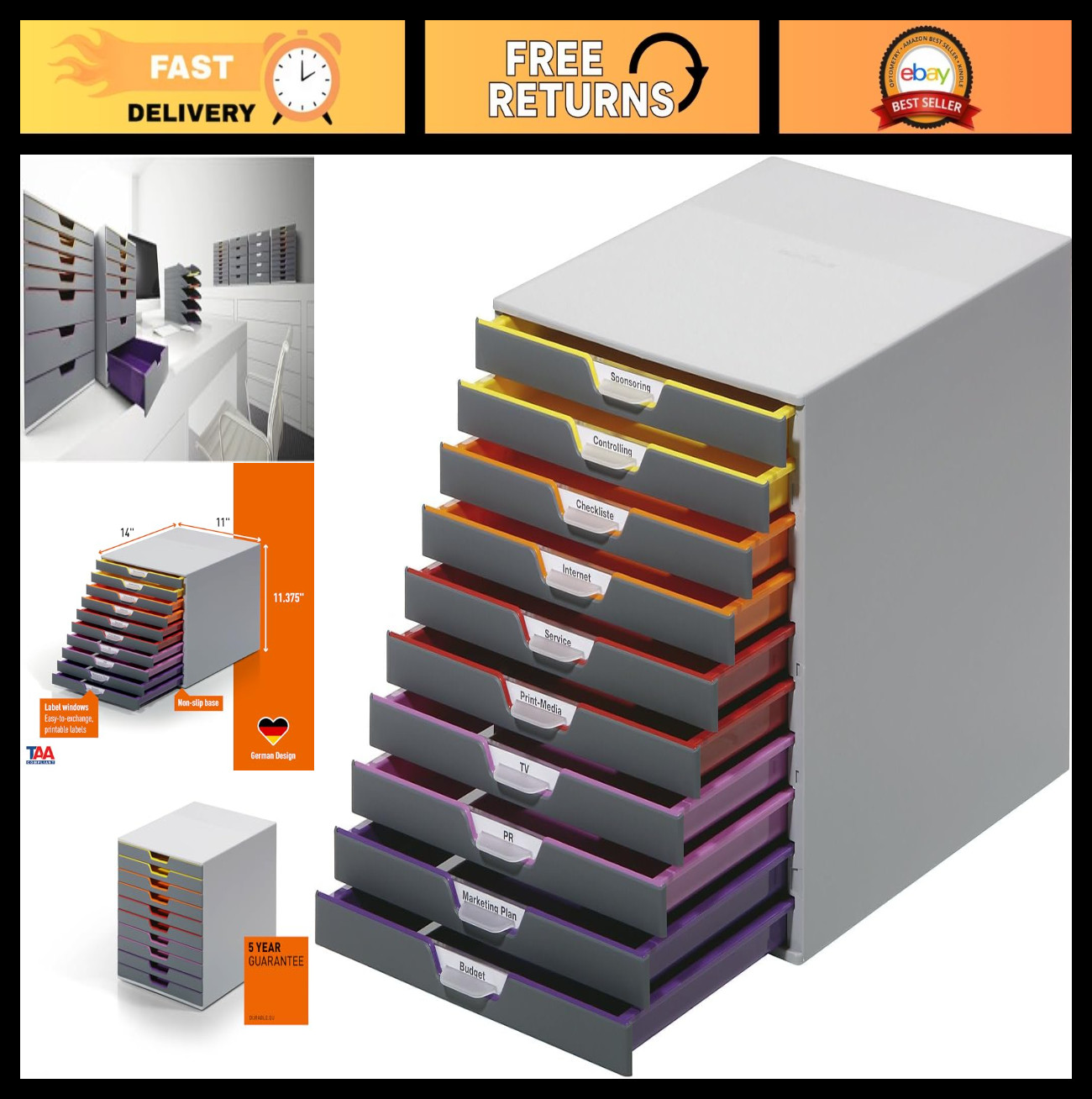 10-Drawer Desktop Organizer – Gray Storage Unit with Color-Coded Drawers for Fil