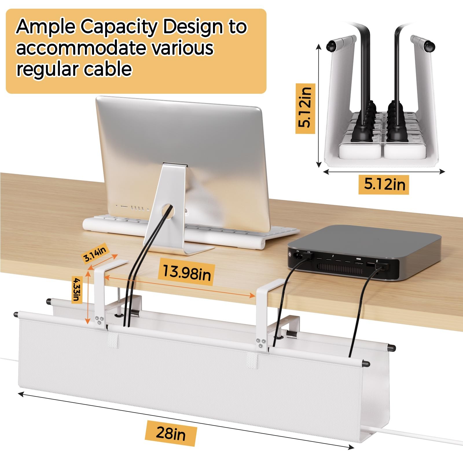 Under Desk Cable Management Tray – 28″ Cord Organizer for 28” L, White
