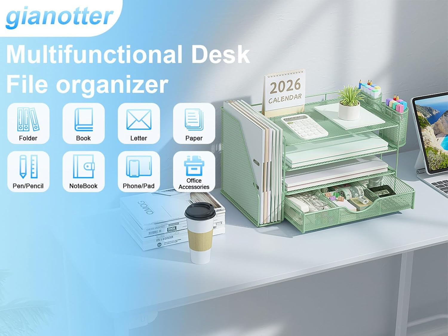4-Tier Desk Organizer with Drawers, File Holders, Letter Trays and Pen Holders –