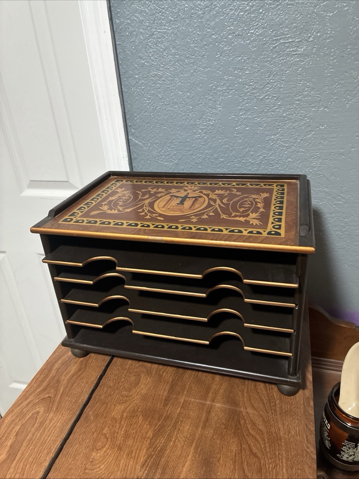 Vintage Inlay, Wood Desktop Organizer Five Trays Four Retractable