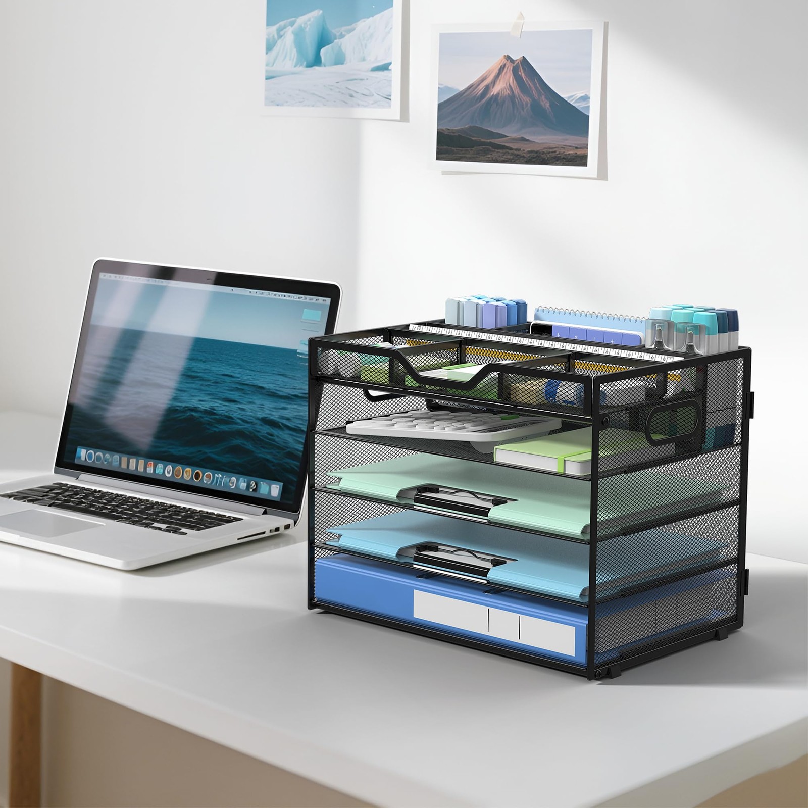 Docnest 5 Tier Mesh Desk Organizer with Adjustable 12.6 x 9.1 x10.3, Black