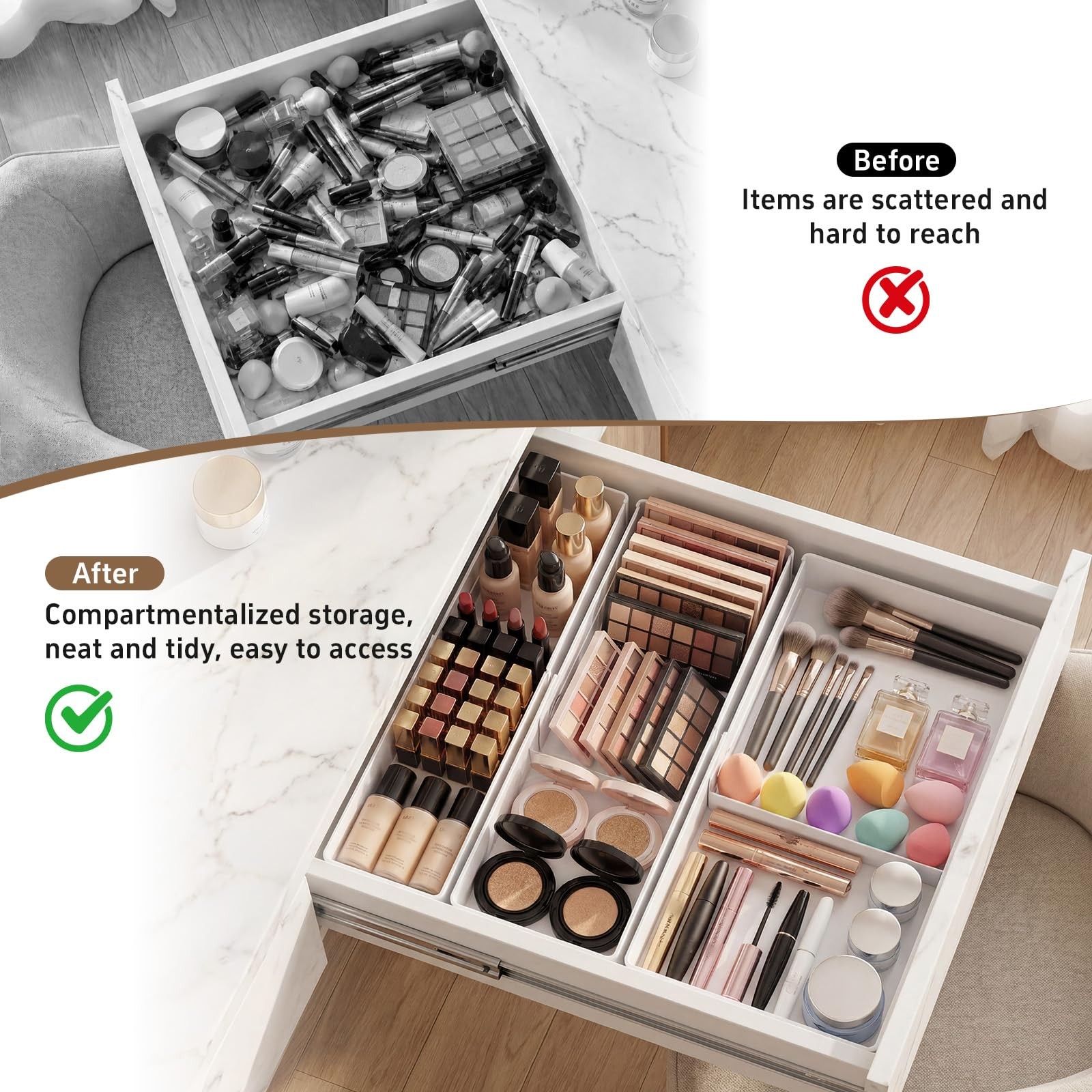 3-Pack Expandable Makeup Drawer Organizer, L/M/S