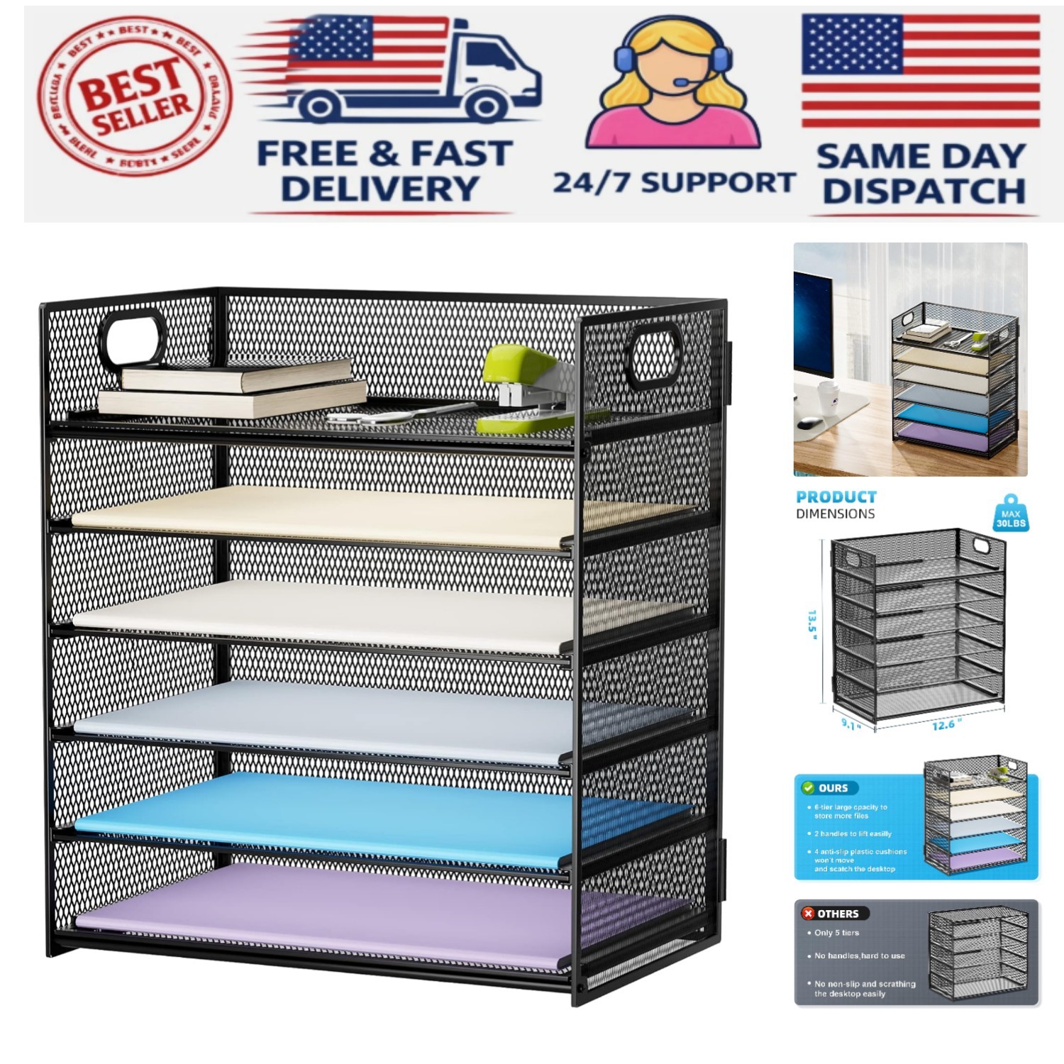 Classic Black 6-Tier Letter Tray – Lightweight Mesh File Organizer with Handle