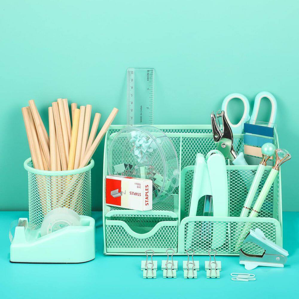 1 Set Green Mesh Desk Organizer with Drawer Teal Office Supply Kit Pen Holder St