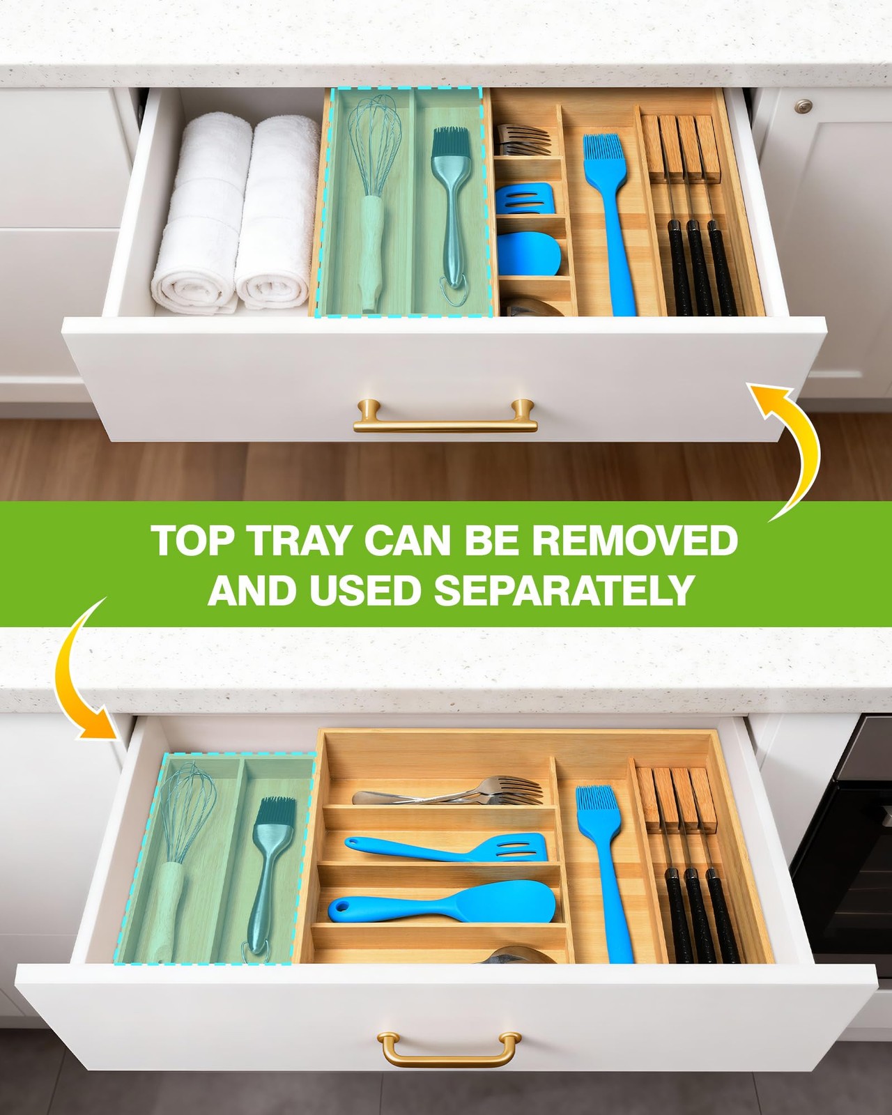 HULISEN Double Layer Bamboo Utensil Drawer Organizer, 2 Tier Silverware Wood
