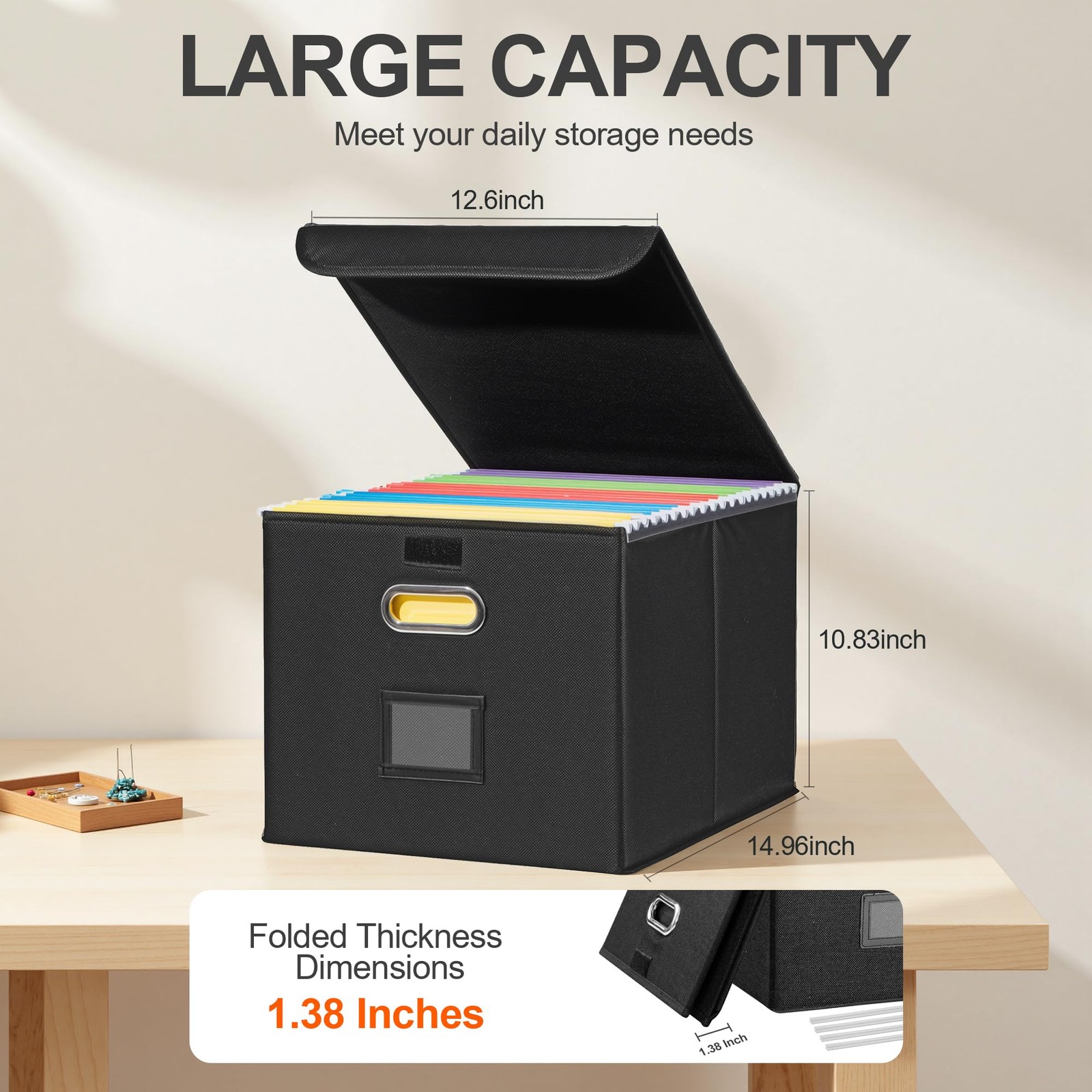 Hleelomi Collapsible File Box with Lid & Plastic Slide – 1 Pack, Black