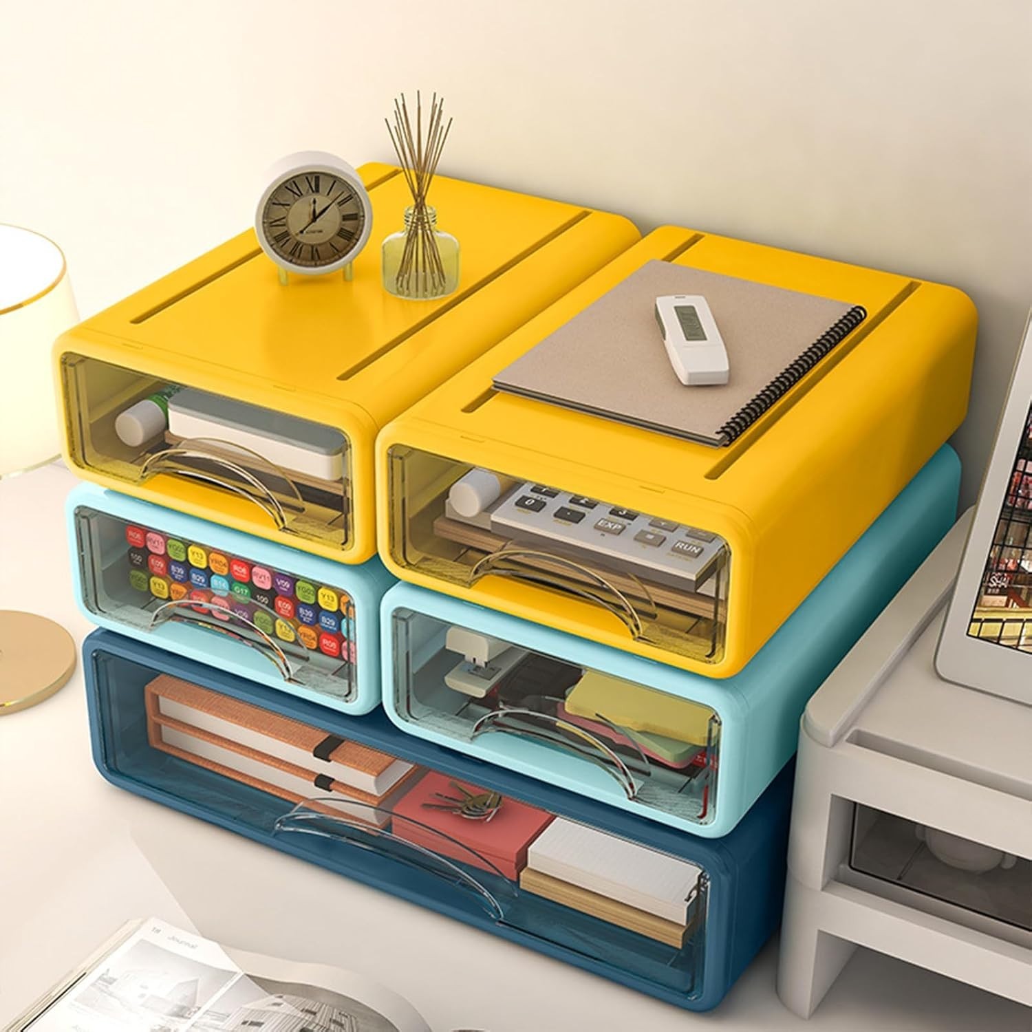 Desk Organizer with Drawers, Stackable Storage Drawers with Compartments Desktop