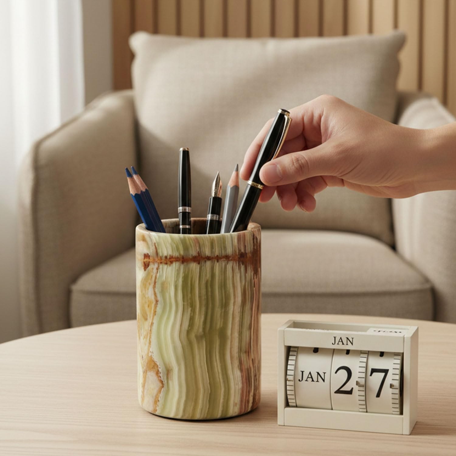 Marble Pen Holder For Desk 4″ Inches Green Onyx Handmade Makeup Brush Cup for…