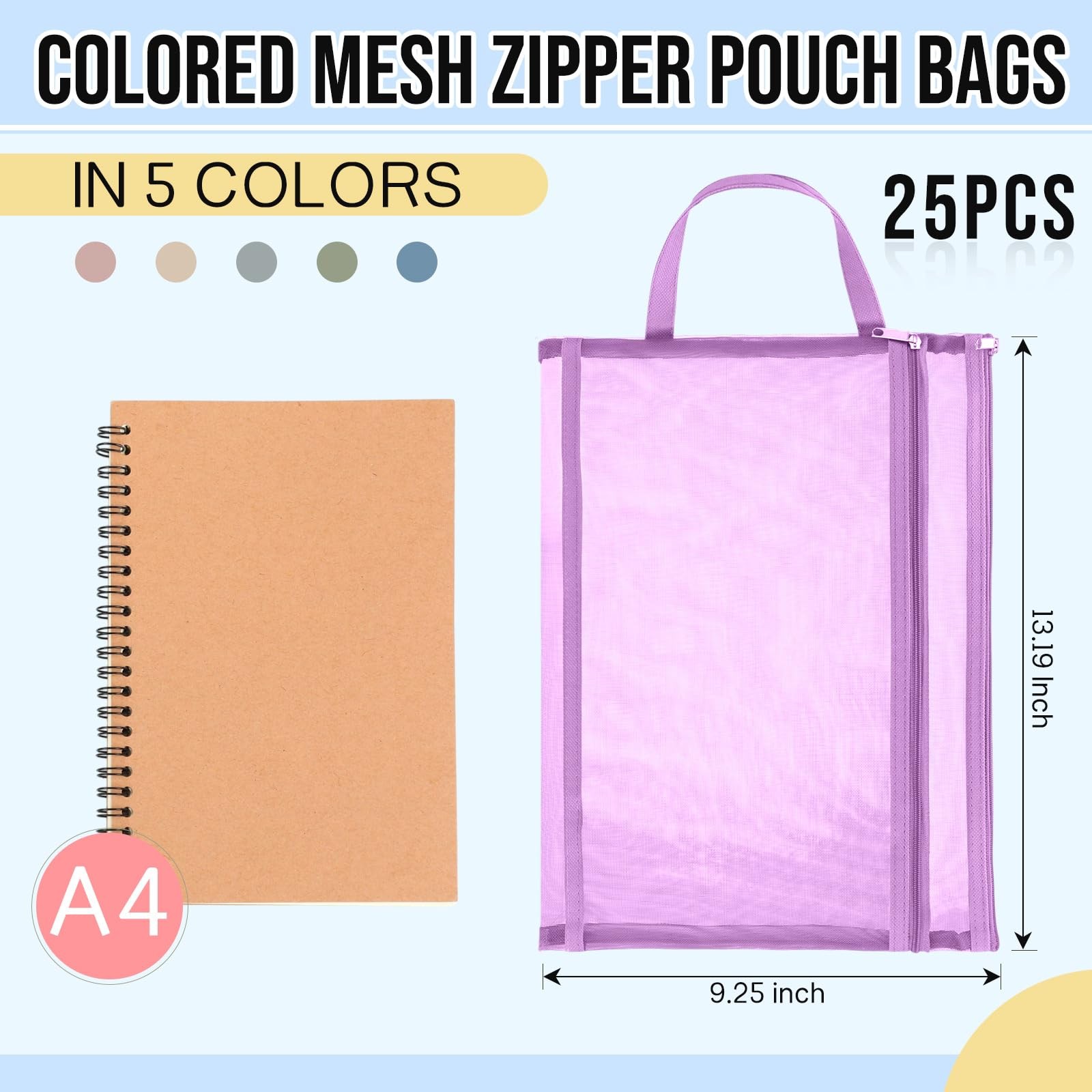 25 Pack Colored Mesh Zipper Pouch Bags Double Layer Nylon Puzzle Bags A4 Zipp…