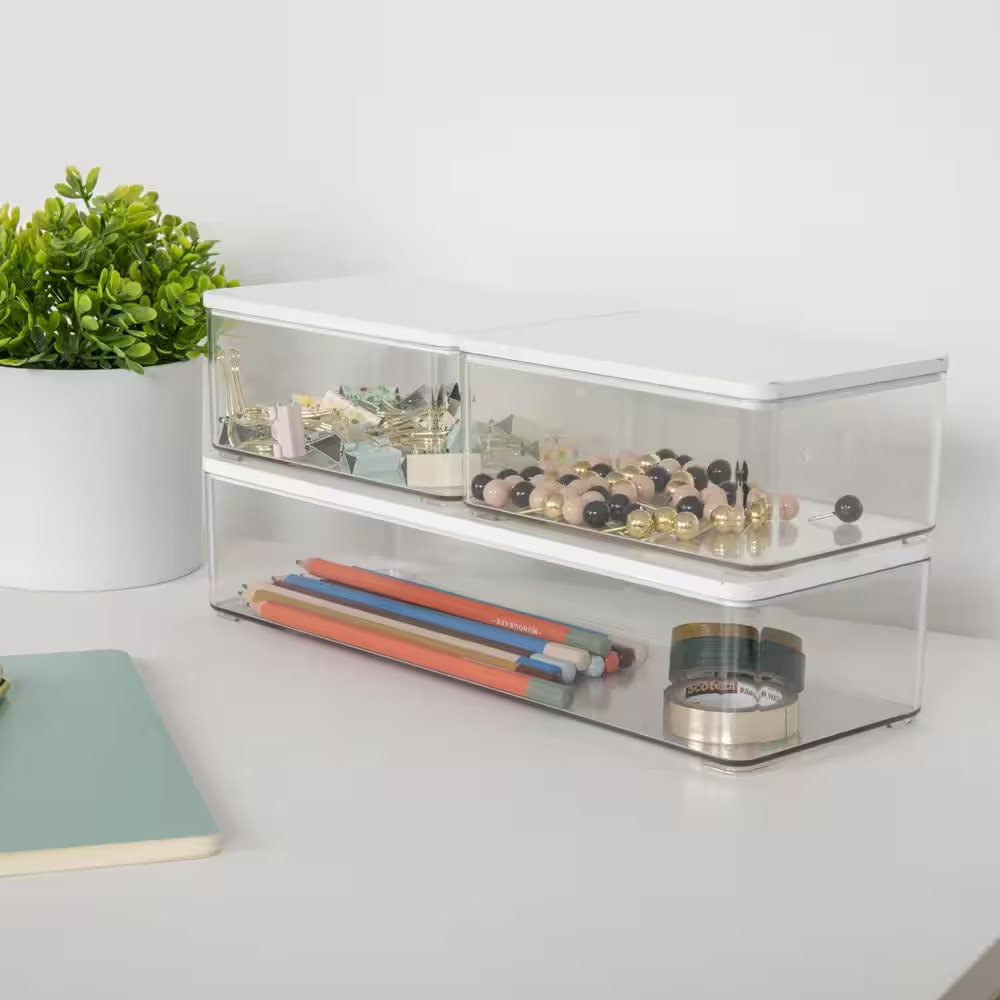 Clear/White Wood Desk Organizer Set of 3 – 2 Small/1 Large