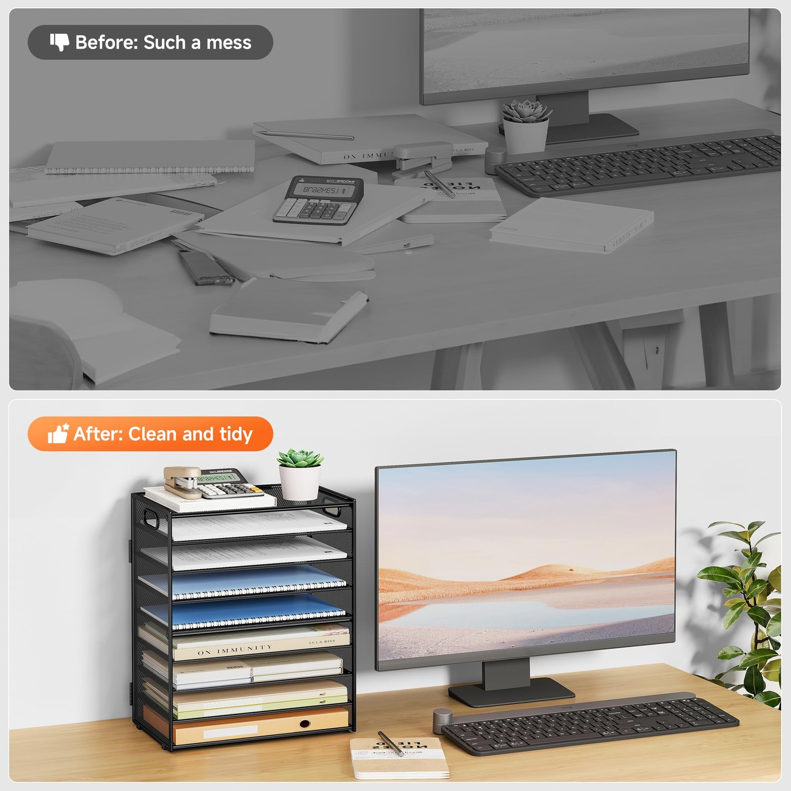 9-Tier Black Metal Mesh Paper Organizer with 6 Adjustable Sliding Trays