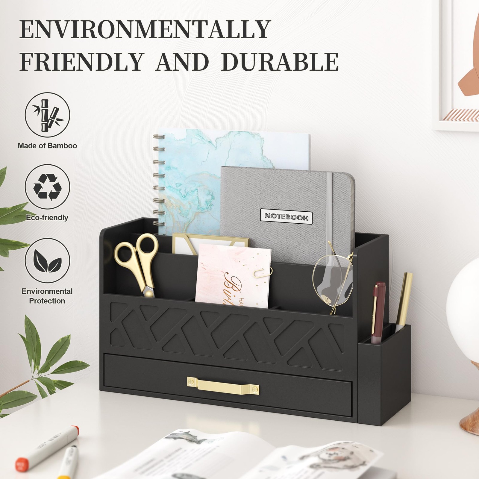 Wisuse Desk Mail Organizer with Drawer – Bamboo Wooden File Bill Sorter Stora…