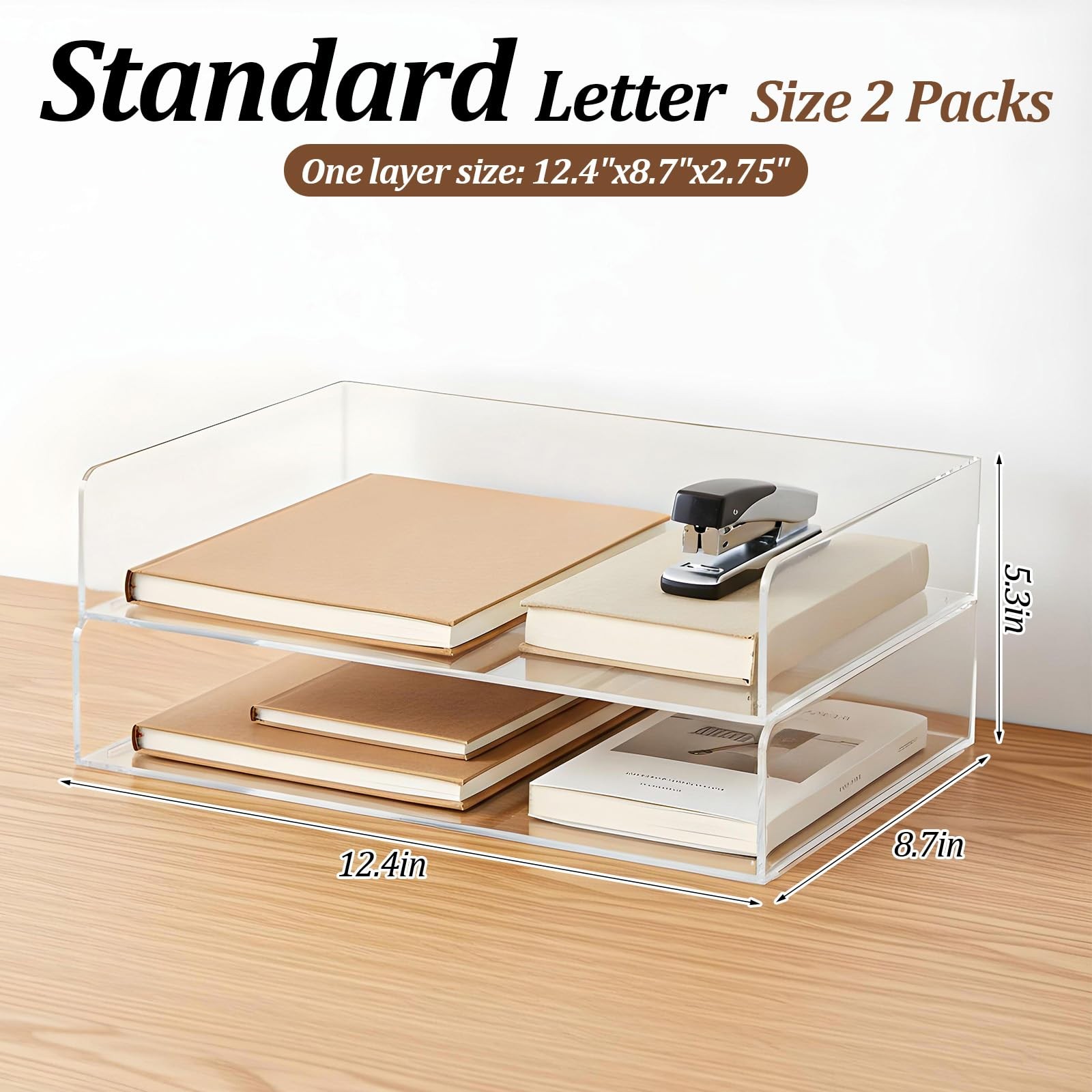 2 PCS Clear Acrylic Stackable Paper Letter Tray File Organizer 12.4×8.7×2.75