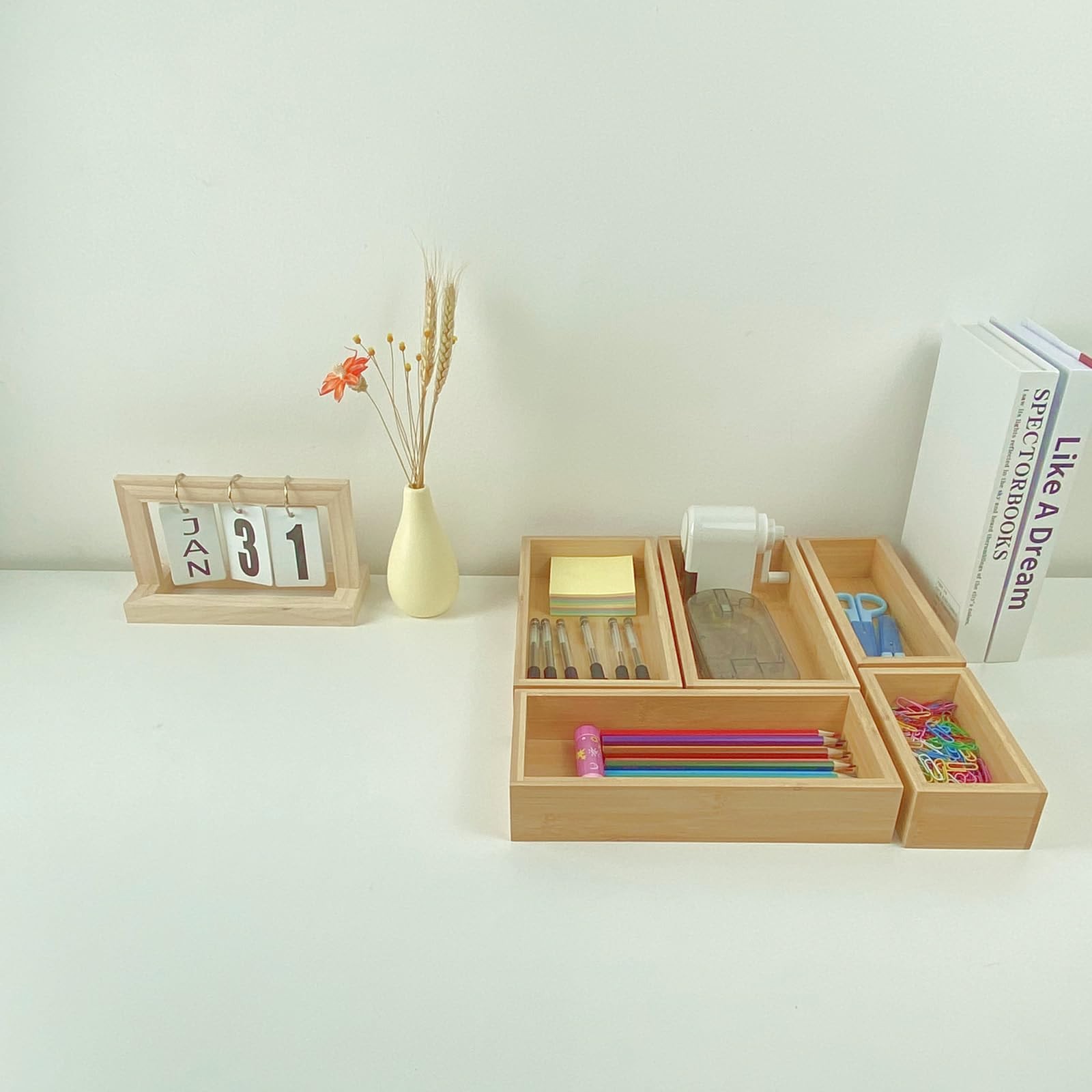 Teicui bamboo drawer organizer Set,expandable 1 X 5PCS Natural