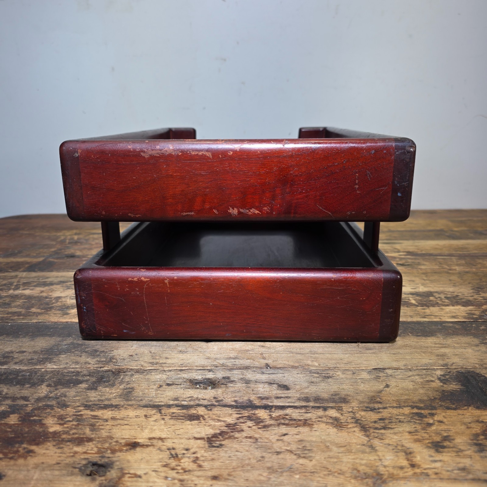 Vintage Wood 2 Tier Letter Tray Desk Organizer Mid Century Modern Rustic Style