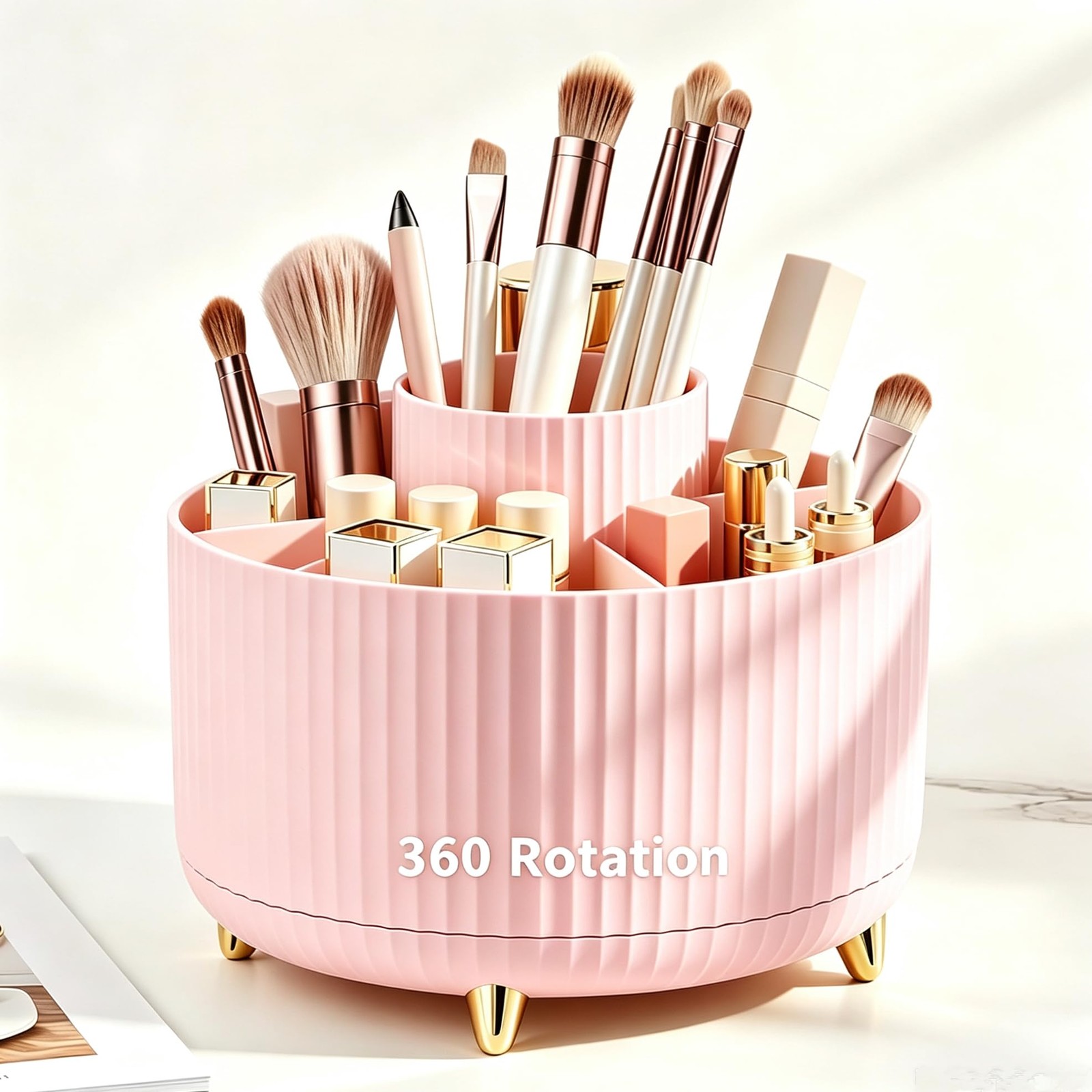 360 Degree Rotating Makeup Brush Holder Organizer Detachable Small, Pink2