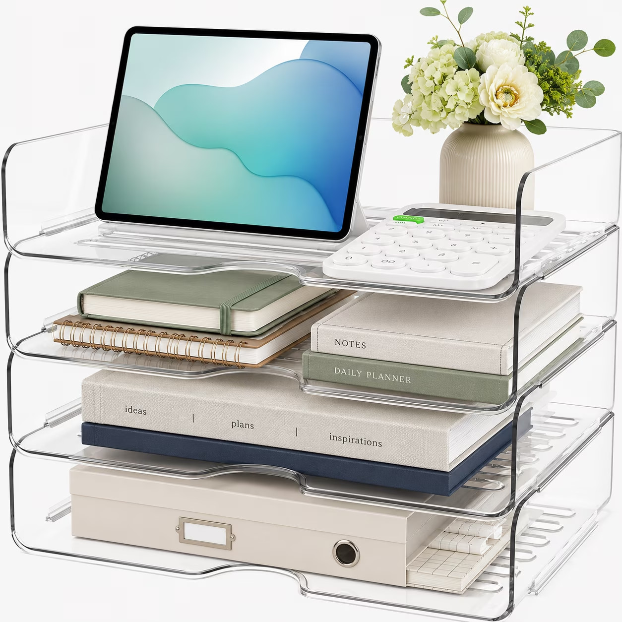 Clear 4-Tier Stackable Desk Organizer, Horizontal Paper File Tray, Desktop Docum