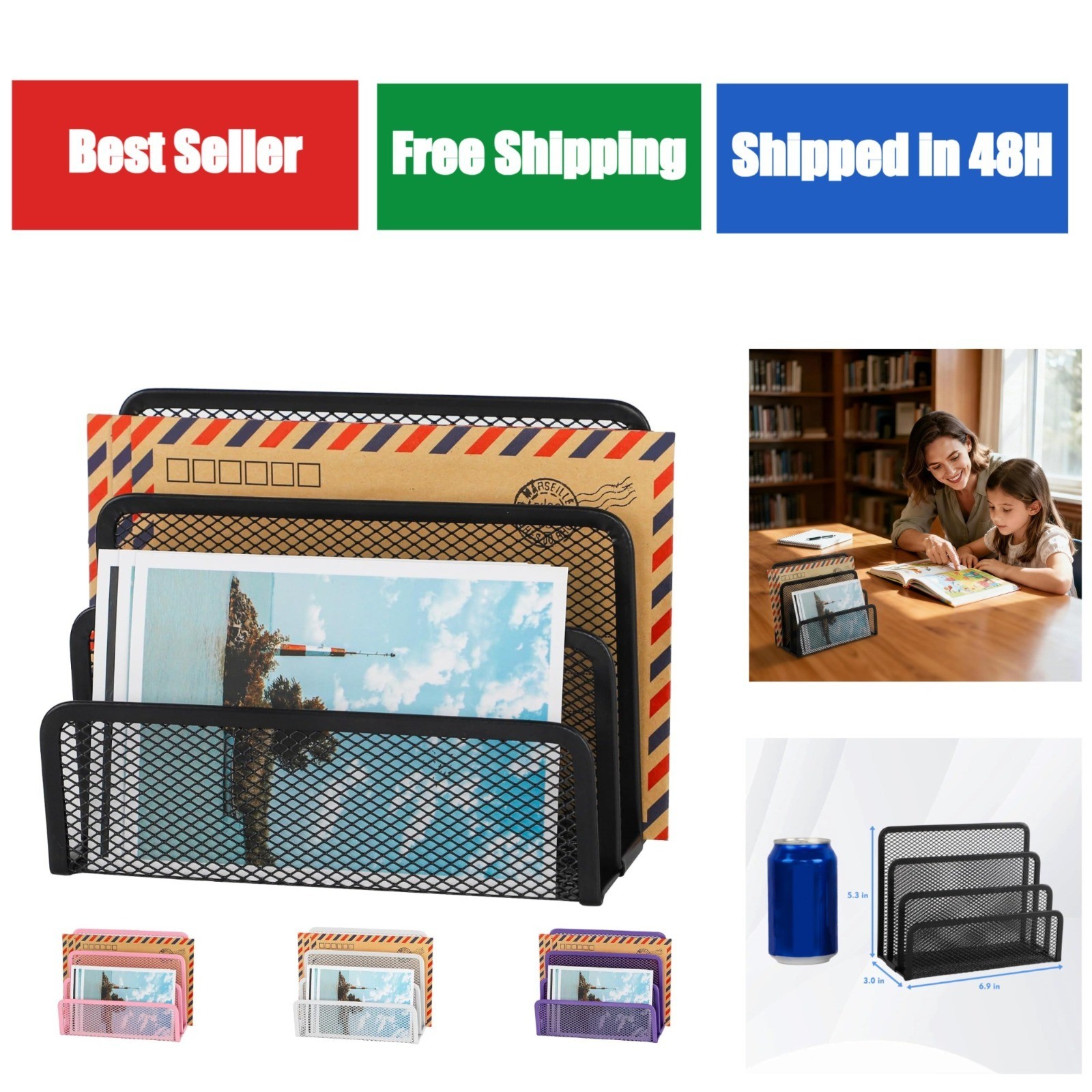 EASEPRES Desk Mail Organizer – Metal Mesh Letter Sorter with 3 Compartments