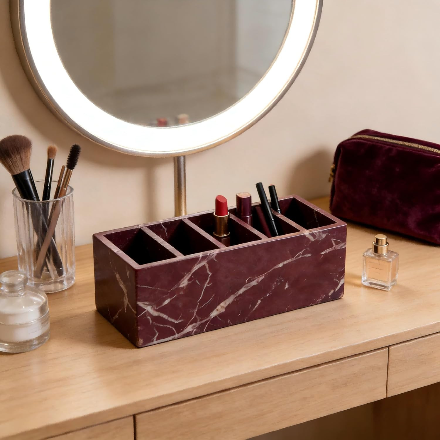 Elegant Marble Desk Organizer & Pen Holder – Purple-Red with White Veins