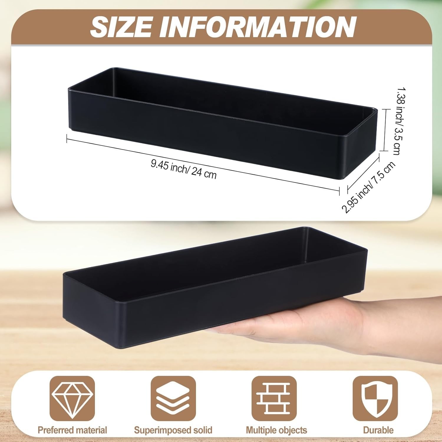 2 Pcs Black Large Rectangular Desk Organizer Set, Half Accessory Tray, Plasti…