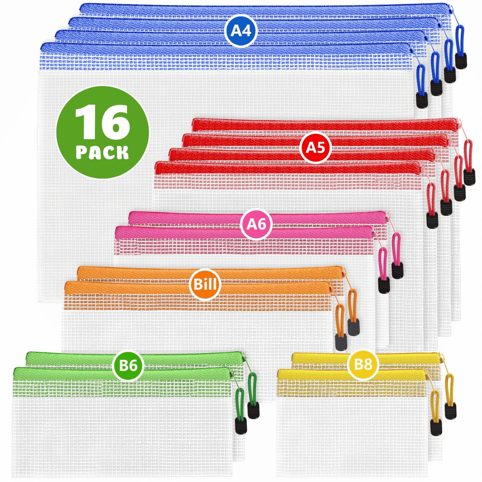 16 Pack Assorted Sizes Plastic Mesh Zipper Pouches for Storage Organize Board