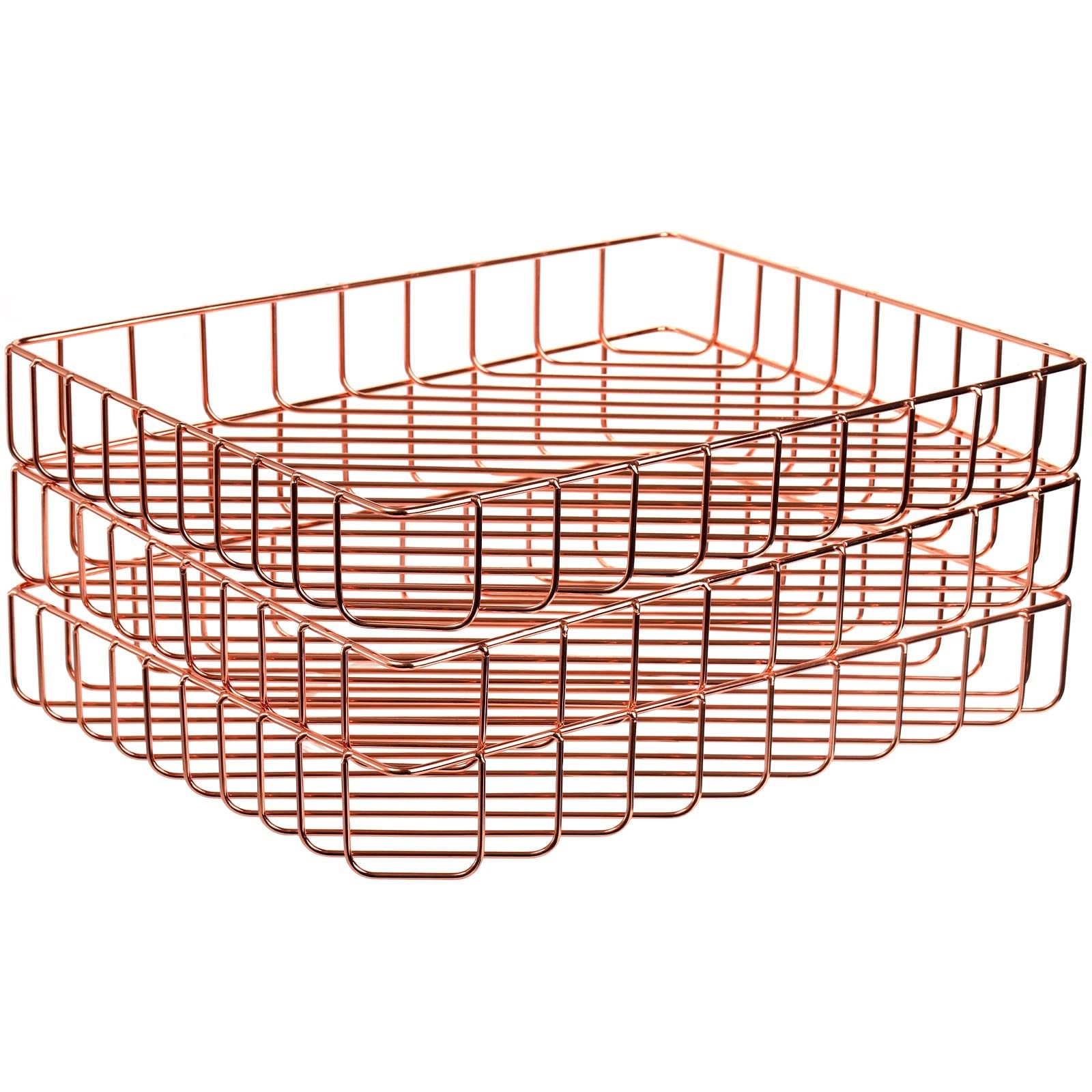 3 PCS Rose Gold Wire File Tray Desk Paper Letter Magazine Organizer Basket