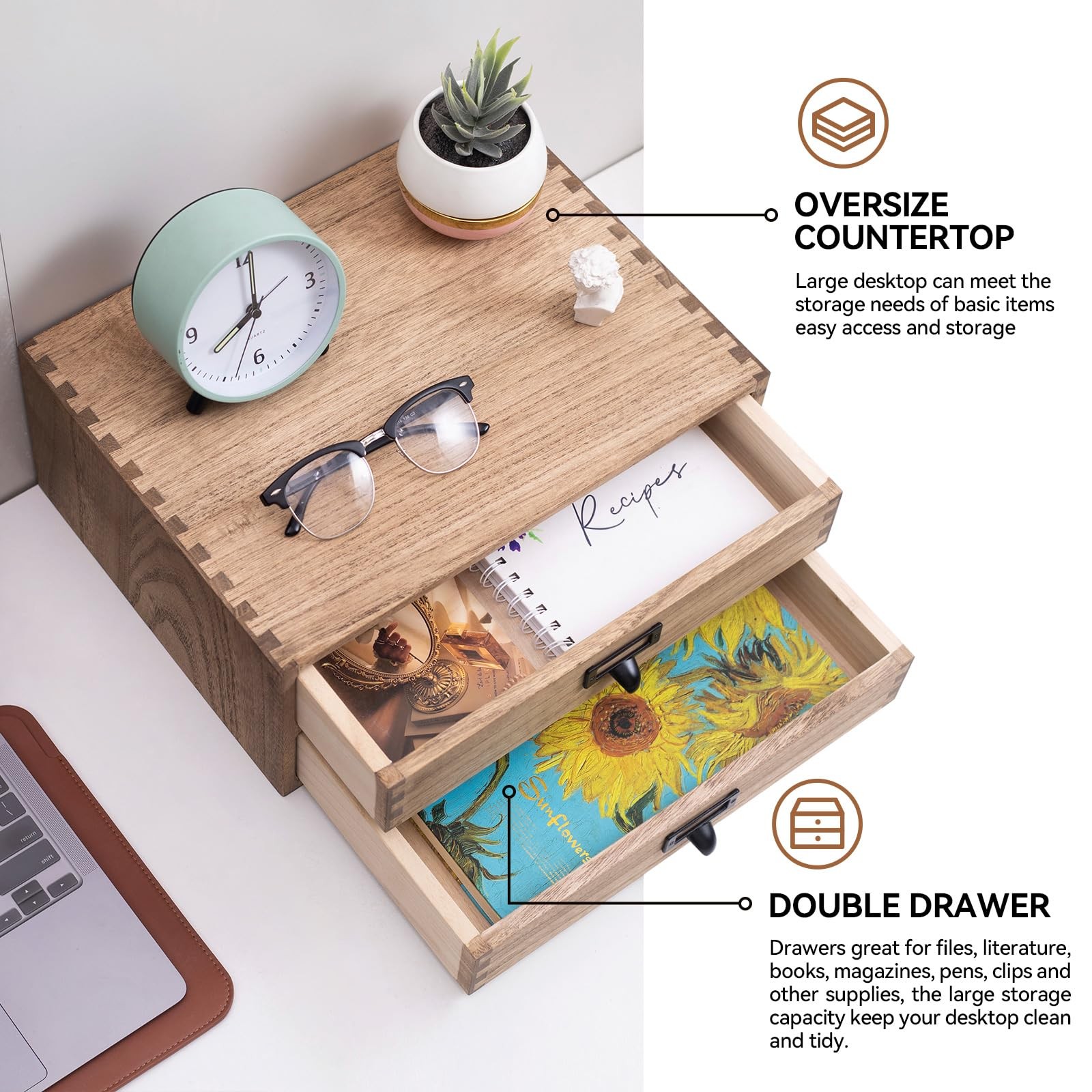 KIRIGEN Wooden Desk Organizer with 2 Drawers, 2-layer&2 drawers, Dark brown