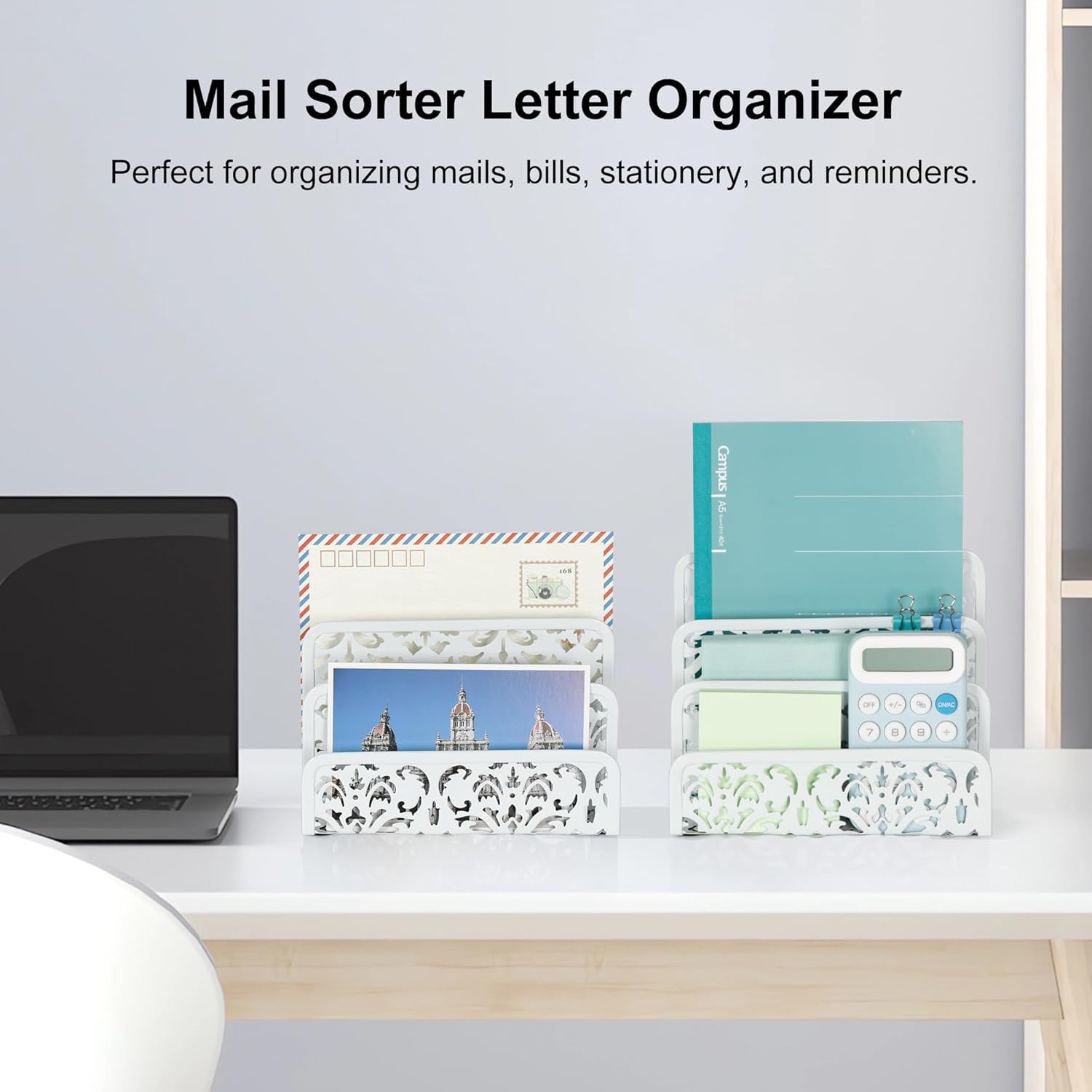 2 Pack Mail Organizer with Hollow Floral Design, Metal Desktop Letter Sorter – 3