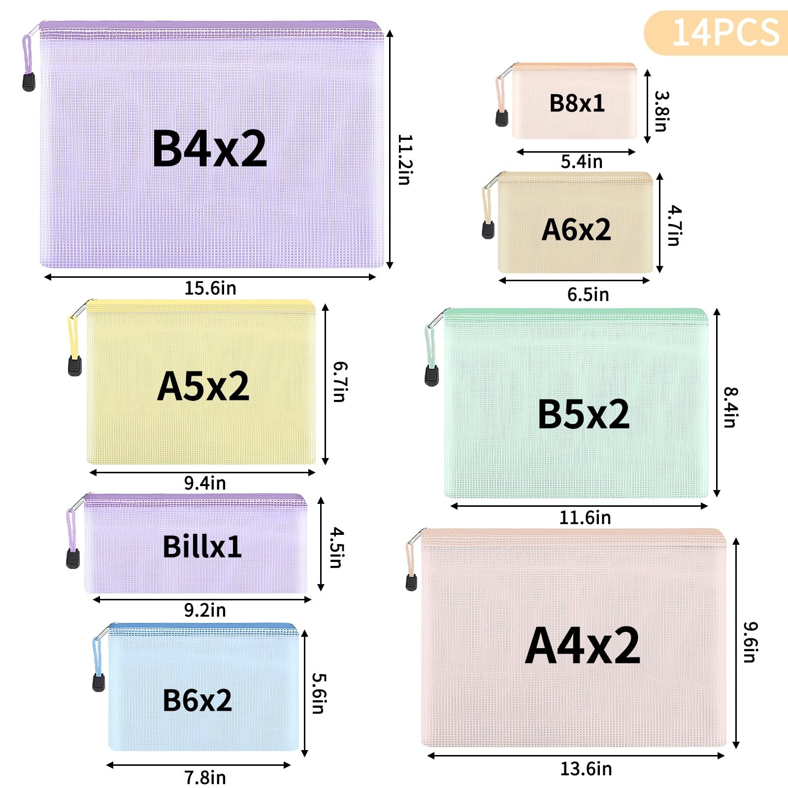 14 PCS Mesh Zipper Pouch 8 Sizes Waterproof Bags 7 Colors Document Multipurpose