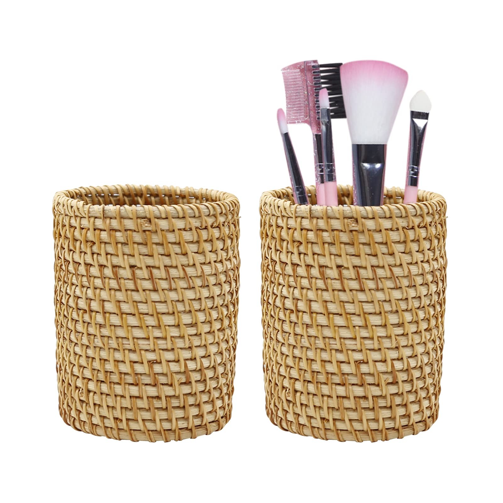 2 Pack Rattan Pencil Holder for Desk Handmade Pen Organizer Bucket Boho Desk …