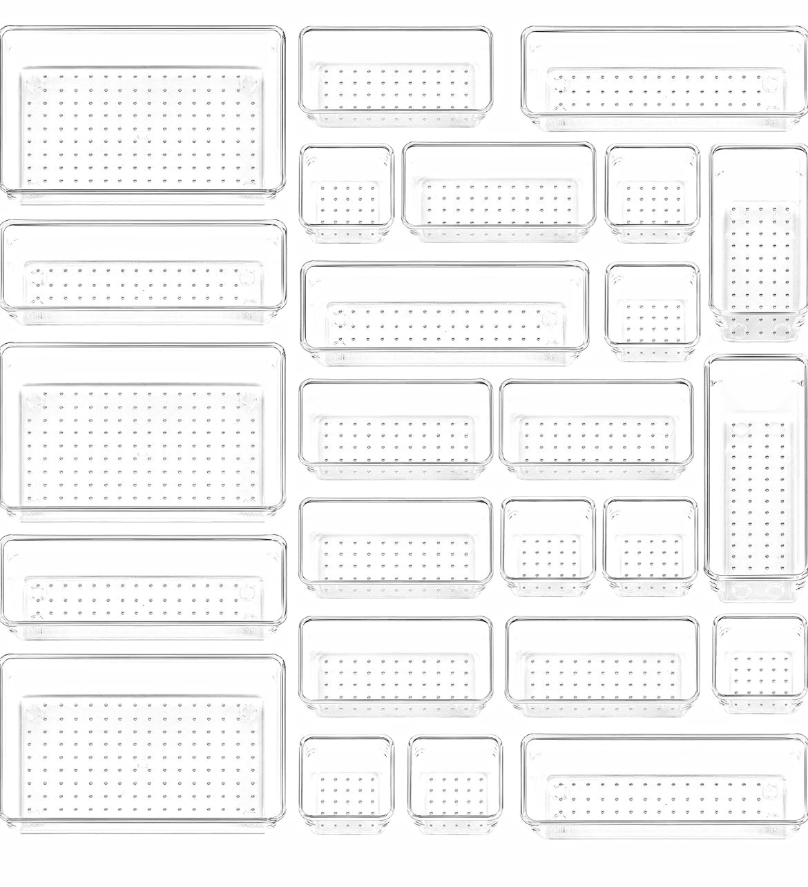 25 Pack Clear Plastic Drawer Organizer Trays Set 4 Sizes Non-Slip 100 Feet