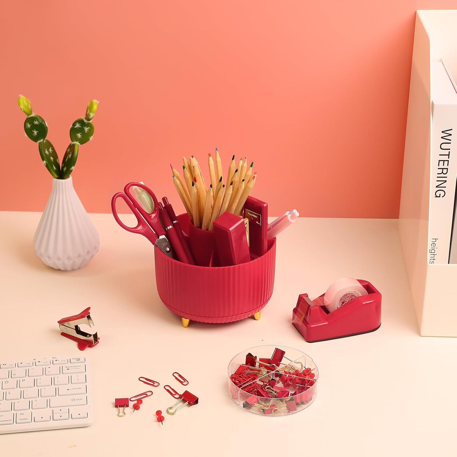 Red Office Supplies Set, Pencil Holder for Desk, Stapler, Tape Dispenser, Scisso