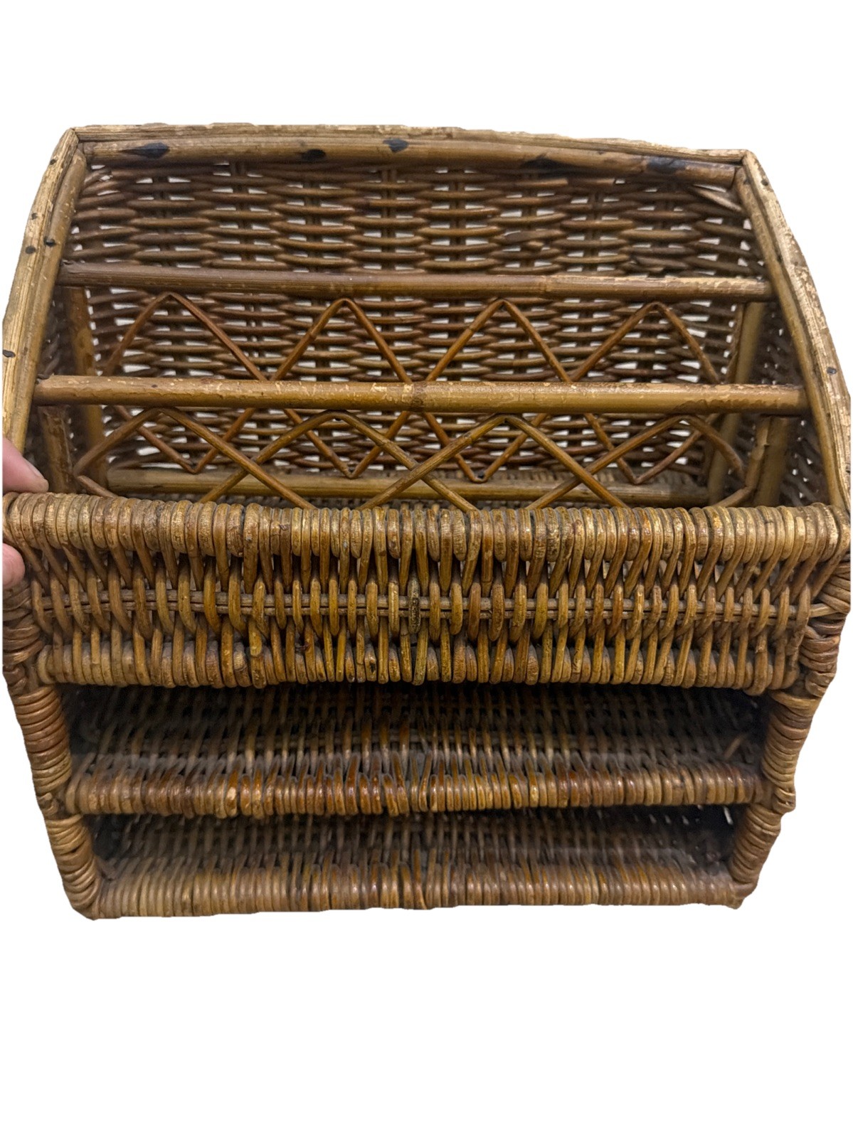 Vintage Wicker Desk Organizer Woven Mail LetterHolder Shelf Tiered10.5”x6.5”x11”