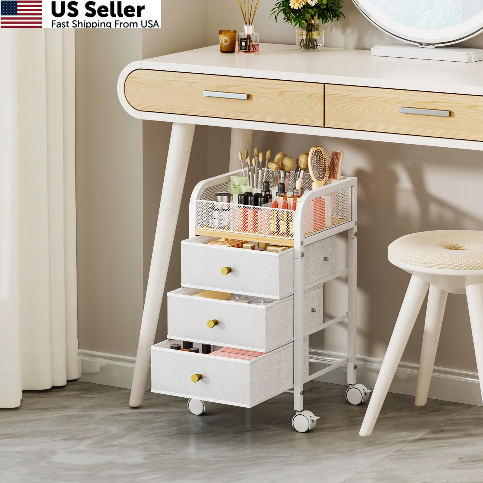 SWTYMIKI Rolling Makeup Organizer Cart – Under Desk Vanity 4-Tier, White