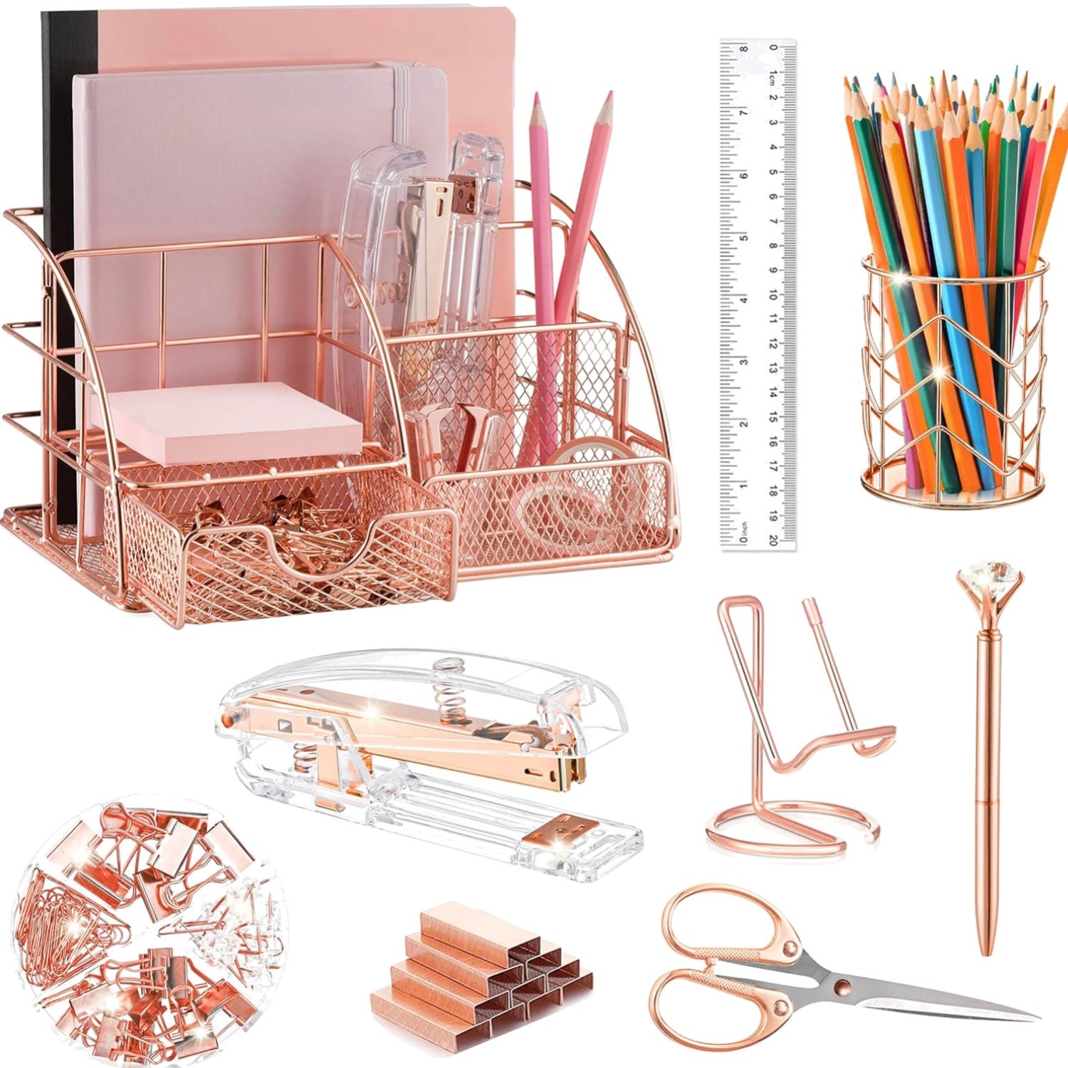 Elegant Rose Gold Desk Accessories Set: Includes Stapler, Clips & More