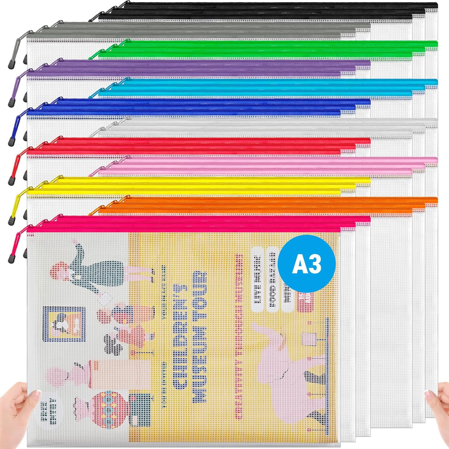 A3 (16.5X12.6 In, 36 Pcs) Mesh Zipper Pouch, 12 Colors Extra Large Zipper Bags,