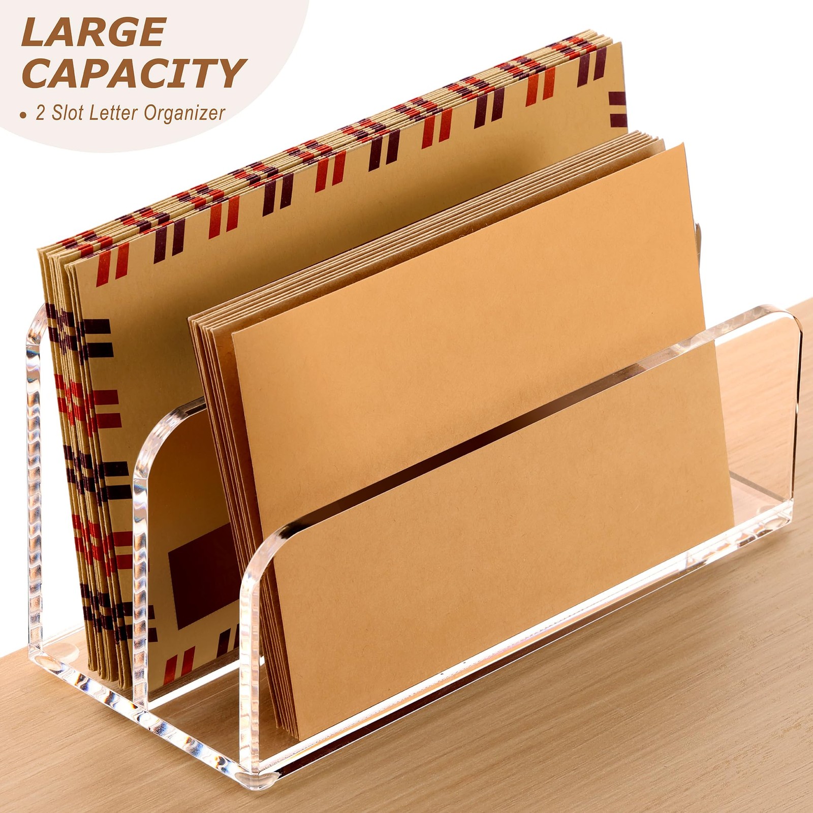 SANRUI Acrylic Mail Sorter Desktop Organizer Holder, 2 Compartments Clear Small