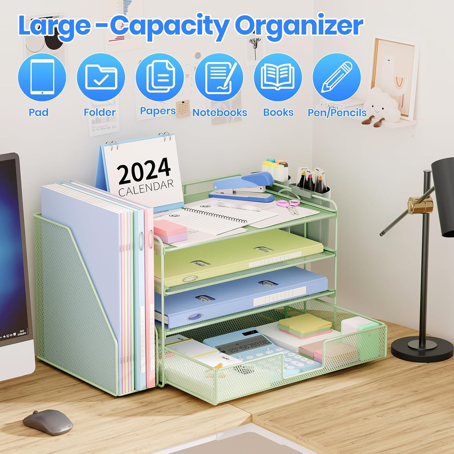 Desk Organizer, 4-Tier Desktop File Organizer with Drawer and 2 Pen Holders, Off