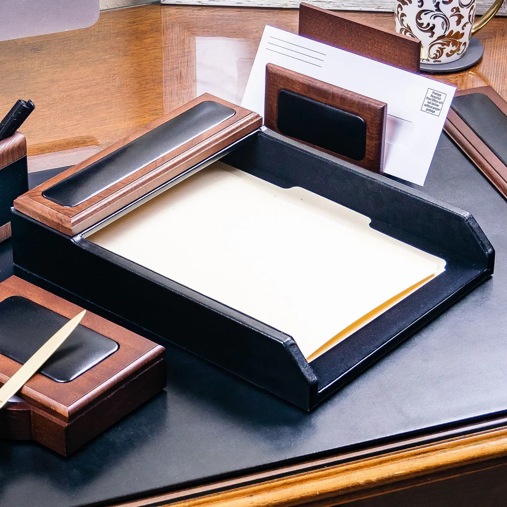 Dacasso Walnut and Leather Letter Tray A8401 Luxury Letter Holder Paper Organize