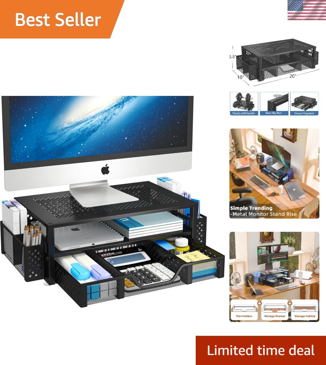 2-Tier Black Metal Monitor Stand Riser with Drawer – Ergonomic Desk Organizer