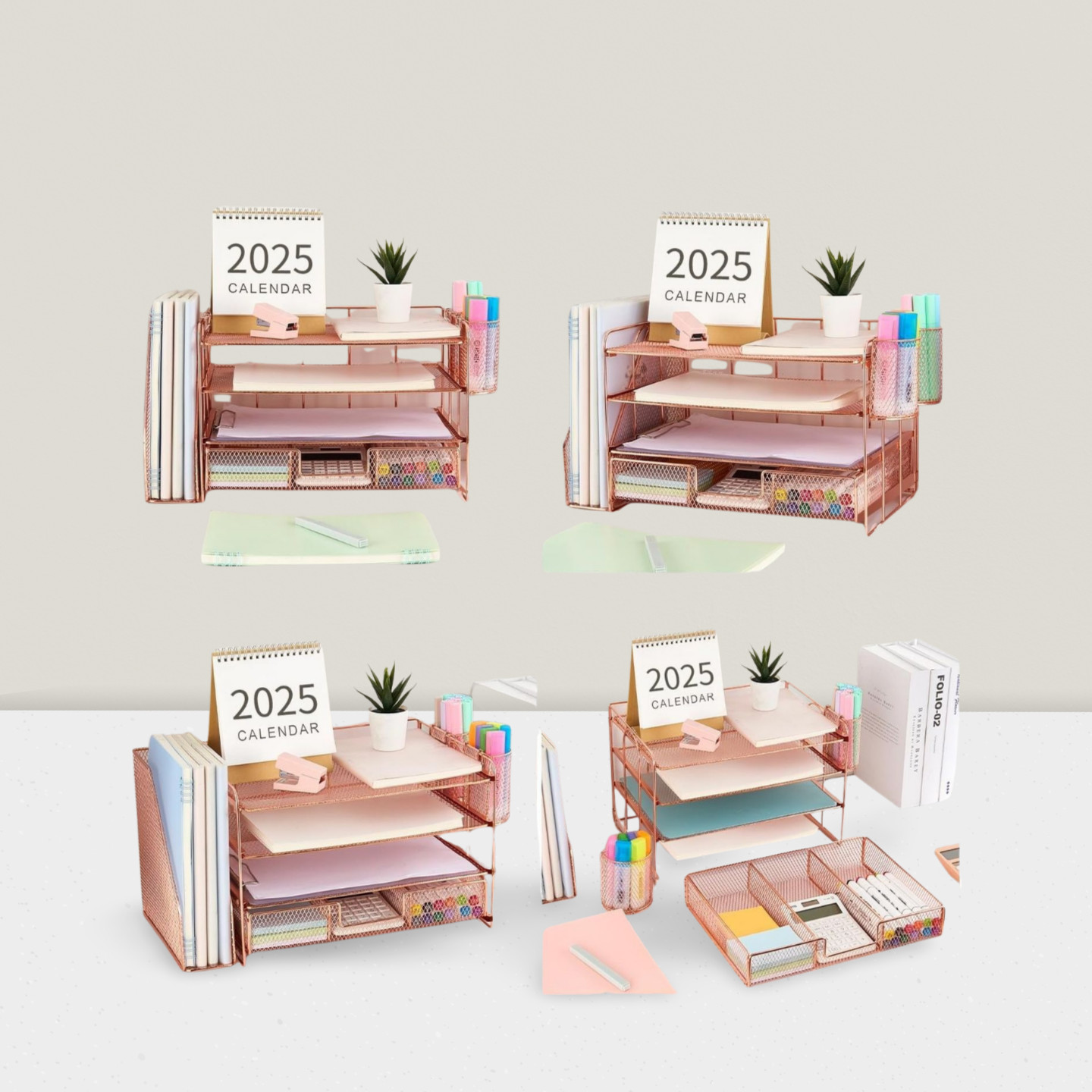 4-Tier Paper Letter Tray Organizer with File Holder Pen Holder Rose Gold